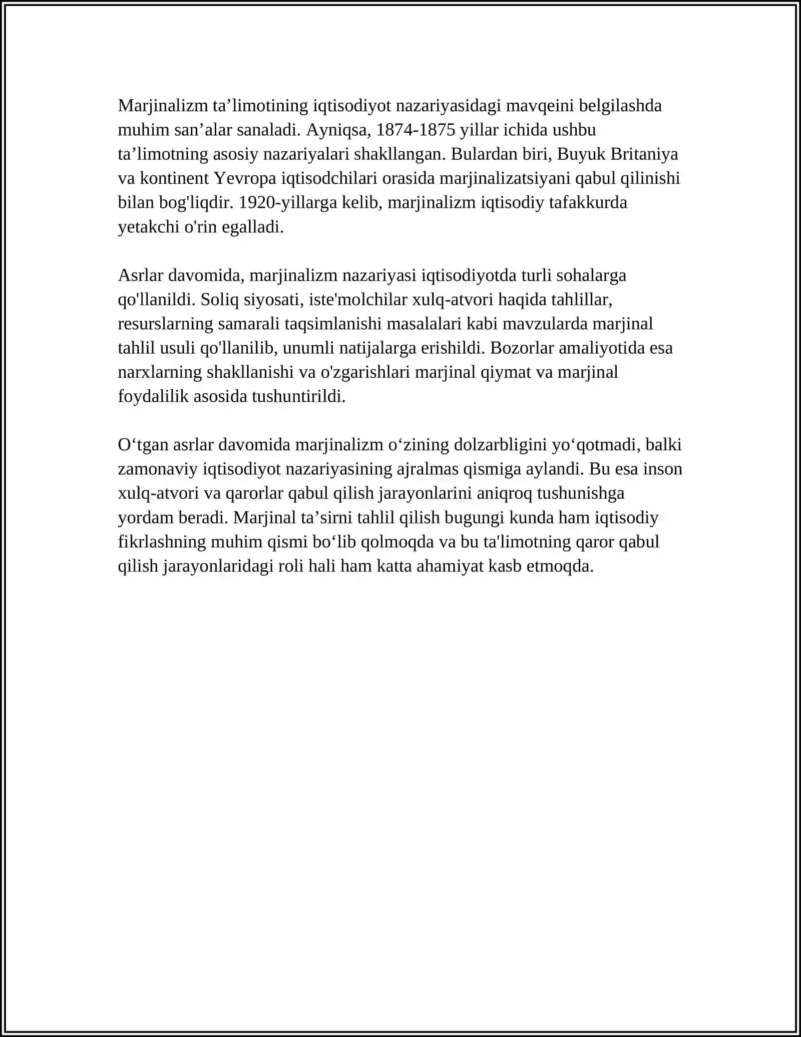 MUSTAQIL ISH Mavzu: MARJINALIZIM TALIMOTI VA NEOKLASSIK IQTISODIY MAKTABLAR 4
