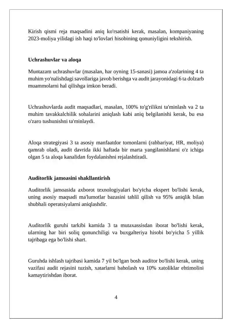 Mehnat haqi bo'yicha hisob-kitoblar auditini rejalashtirish bosqichi 4