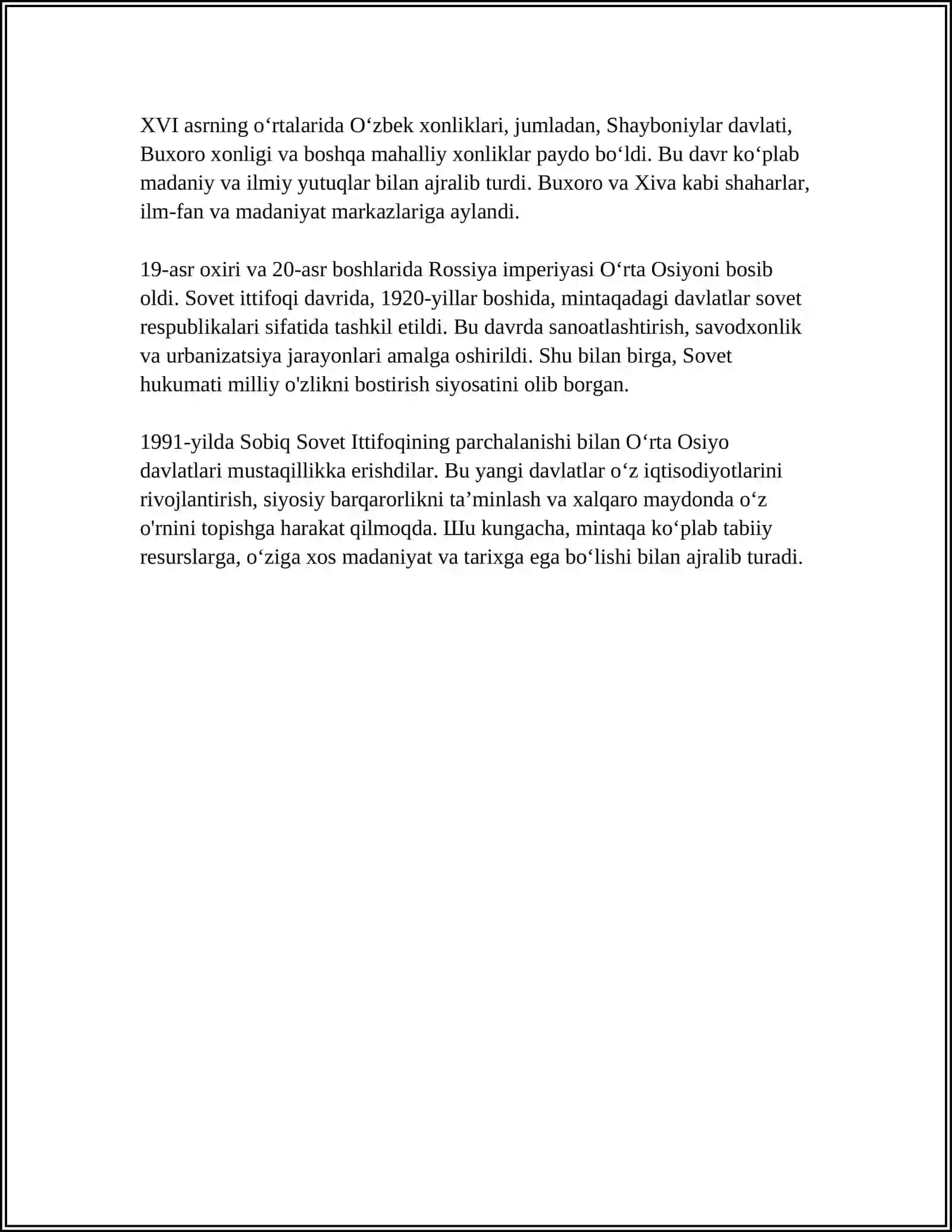 MUSTAQIL ISH Mavzu: HISTORY OF UZBEKISTON 4