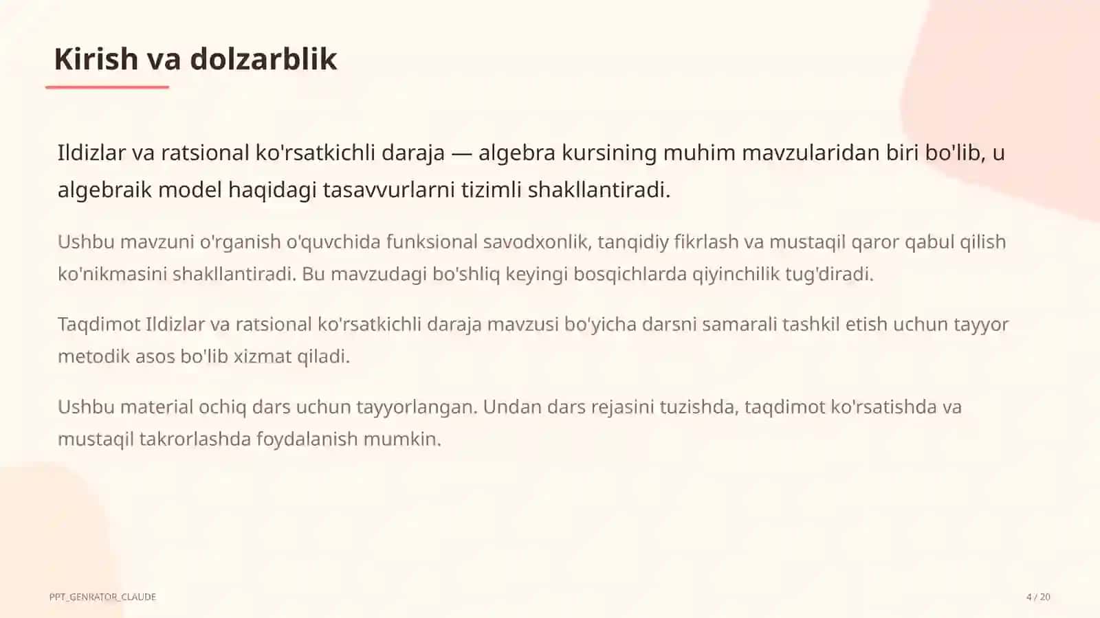 Ildizlar va ratsional ko'rsatkichli daraja (10-sinf) 4