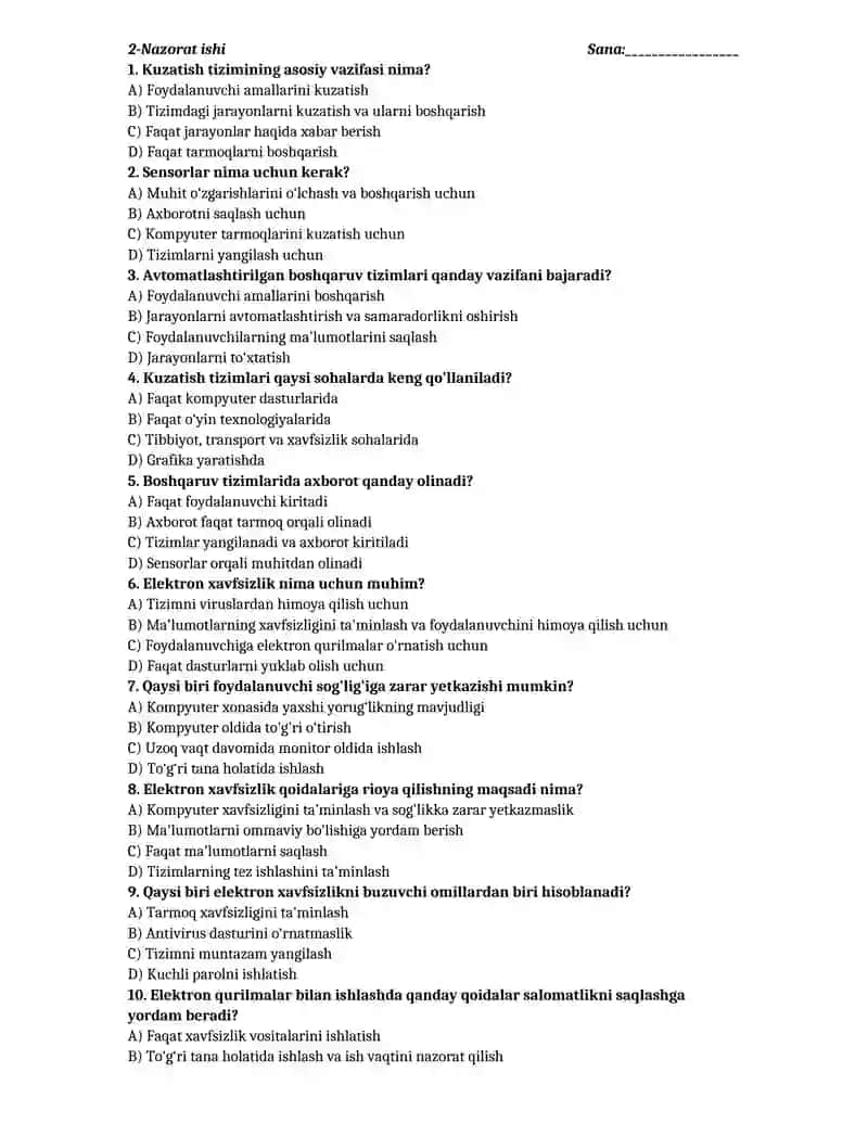 Informatika fanidan nazorat ishlar daftari 4