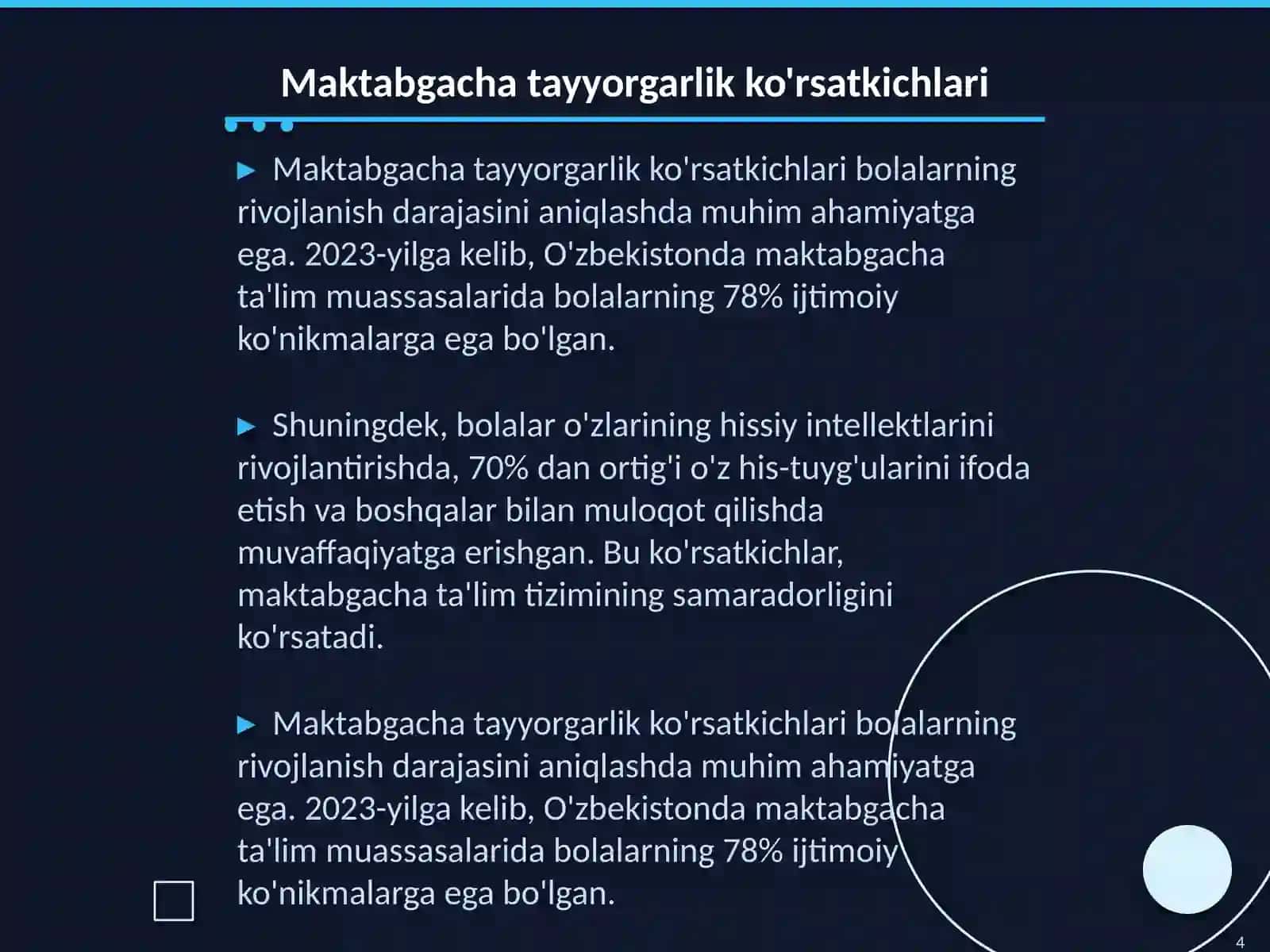 Maktabgacha tayyorgarlikning umumiy koʻrsatkichlari 4