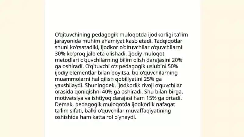 Pedagogik muloqot-o'qituvchining ijodiy faoliyatini va tashabbuskorligini namoyon etuvchi xususiyat 4