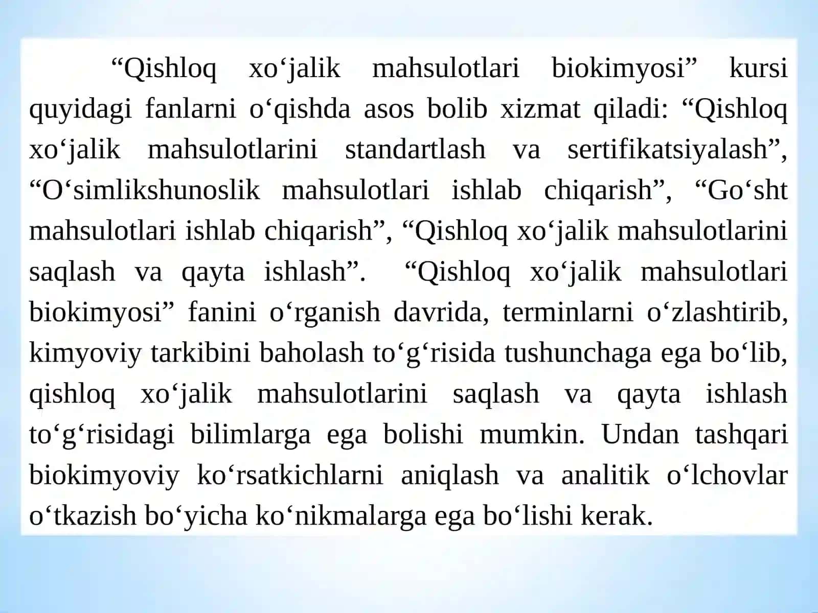 Qishloq xoʻjalik mahsulotlari biokimyosi fanidan 1-mavzu.Kirish. Qishloq xoʻjalik mahsulotlari biokimyosi fanining rivojlanish tarixi 4