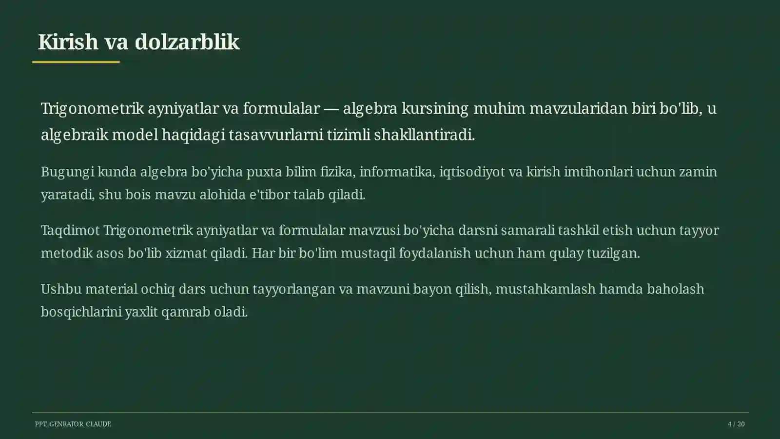 Trigonometrik ayniyatlar va formulalar (10-sinf) 4