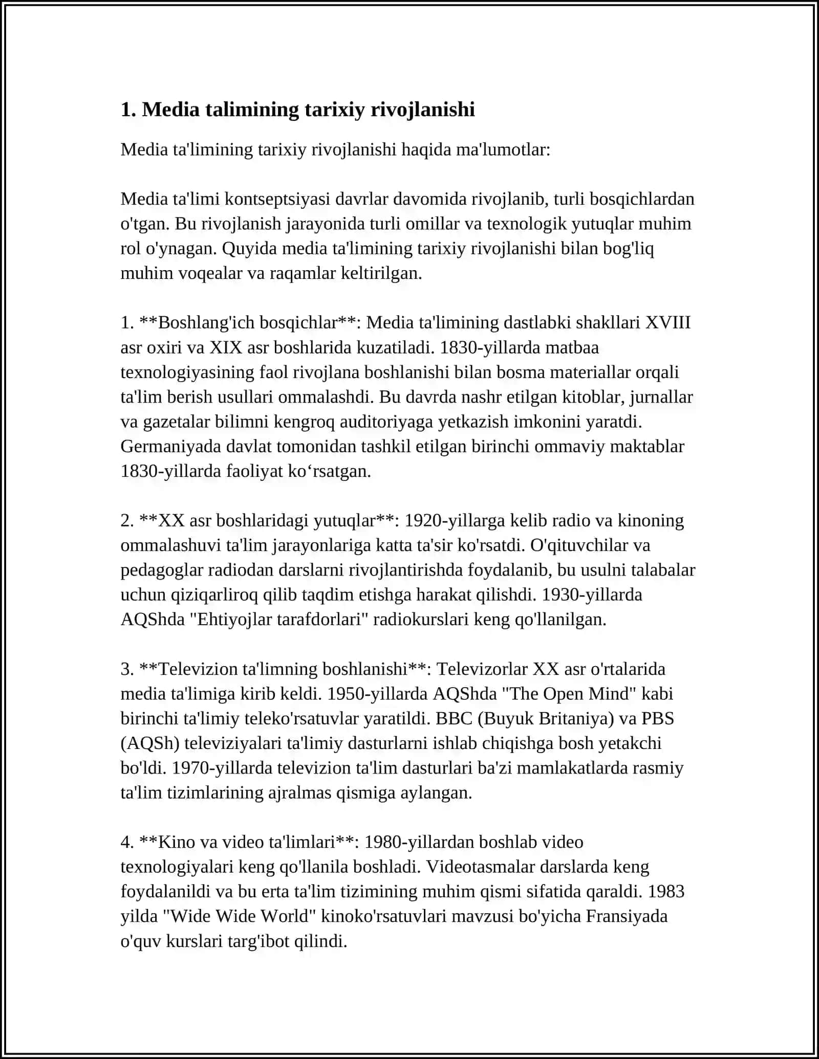 MEDIA TALIM TARIXI PREDMETI VA TUSHINCHASI XAQIDAGI ADABIYOTLAR TAHLILI 4