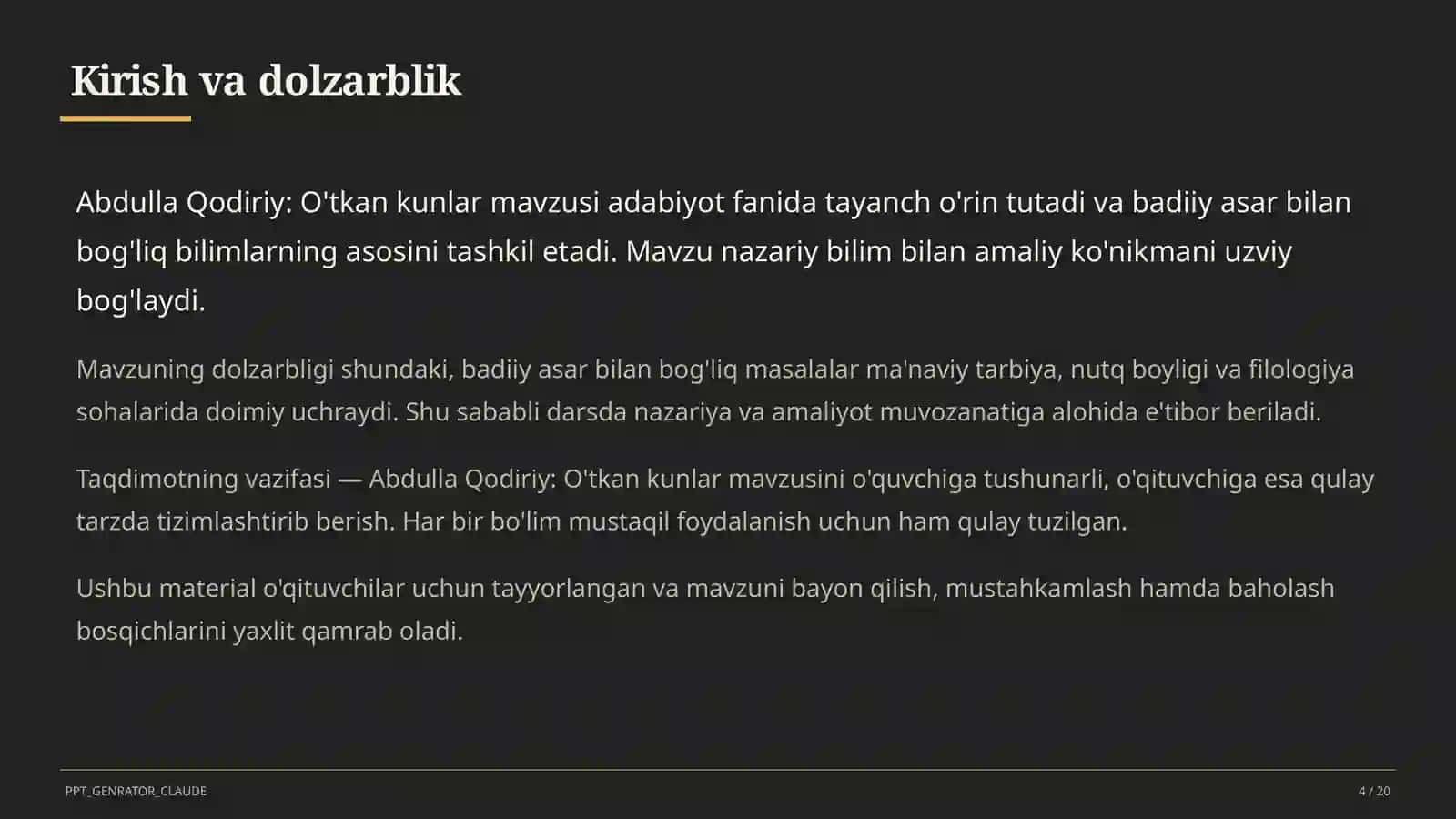 Abdulla Qodiriy: O'tkan kunlar (9-sinf) 4