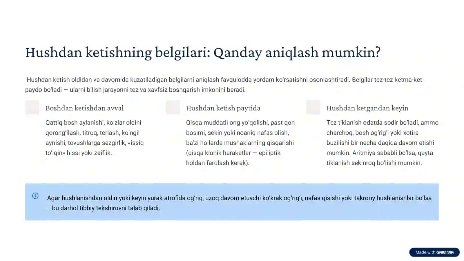 Hushdan ketish: Sabablari, Birinchi yordam va Oldini olish 4