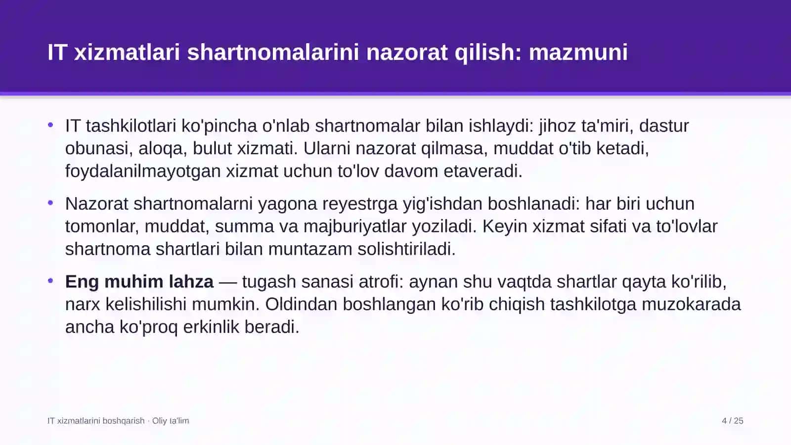 dublyaj studiyalarida axborot texnologiyalari xizmatlari bo'yicha shartnomalarni nazorat qilish 8540 4