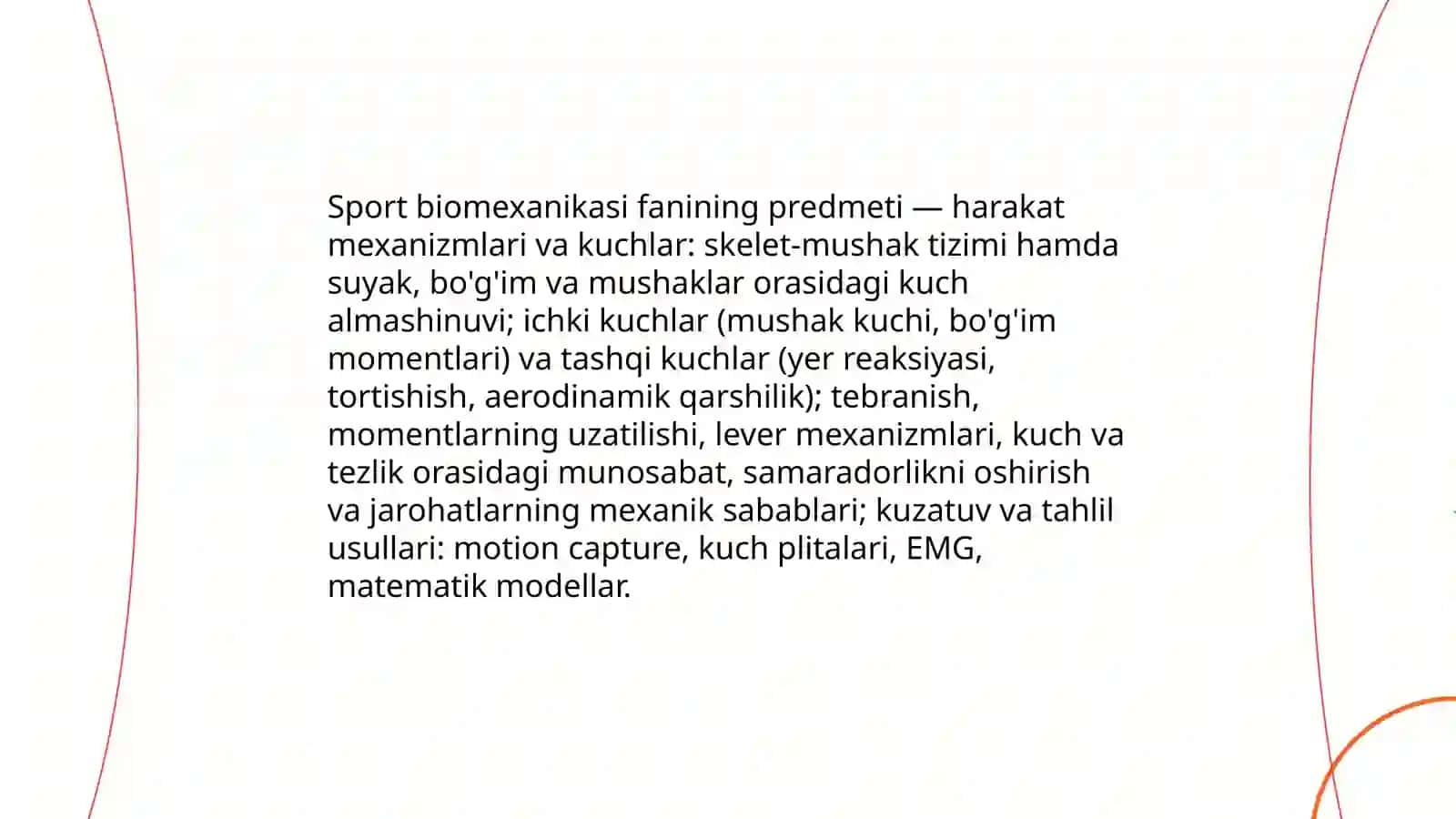 Sport biomexanikasi fanining obyekti, predmeti, maqsadi va vazifalari 4