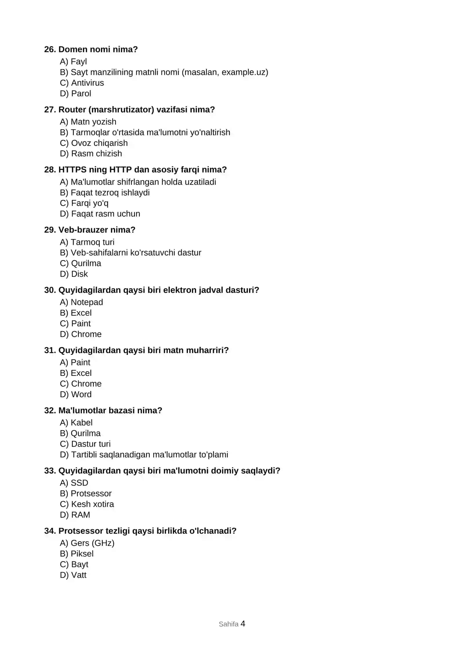 Informatika: Umumiy test to'plami 4