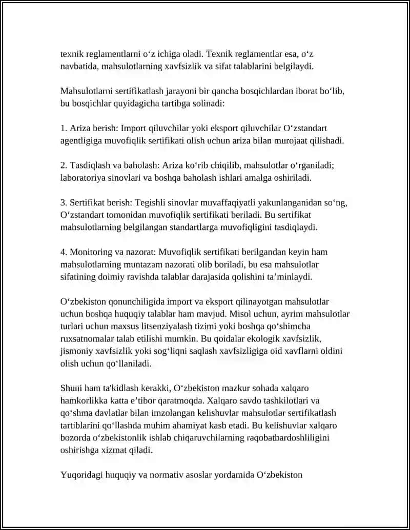 O'ZBEKISTON HUDUDIGA OLIB KIRILAYOTGAN VA OLIB CHIQILAYOTGAN MAHSULOTLARNI SERTIFIKATLASHTIRISH 4