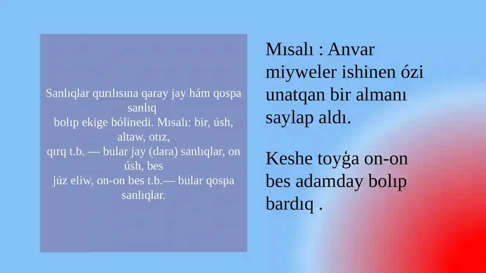 Tema: Sanlıqsózshaqabınúyreniwdegrammatikalıq oyınlardanpaydalanıw 4