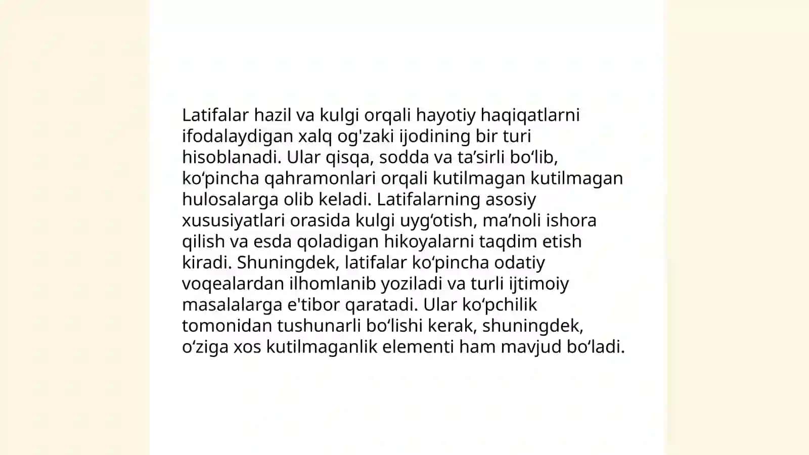 Latifa, Lof, Asqiya Janrlarining O'ziga Xos Janr Xususiyatlari 4