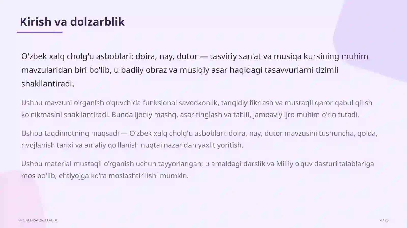 O'zbek xalq cholg'u asboblari: doira, nay, dutor (2-sinf) 4