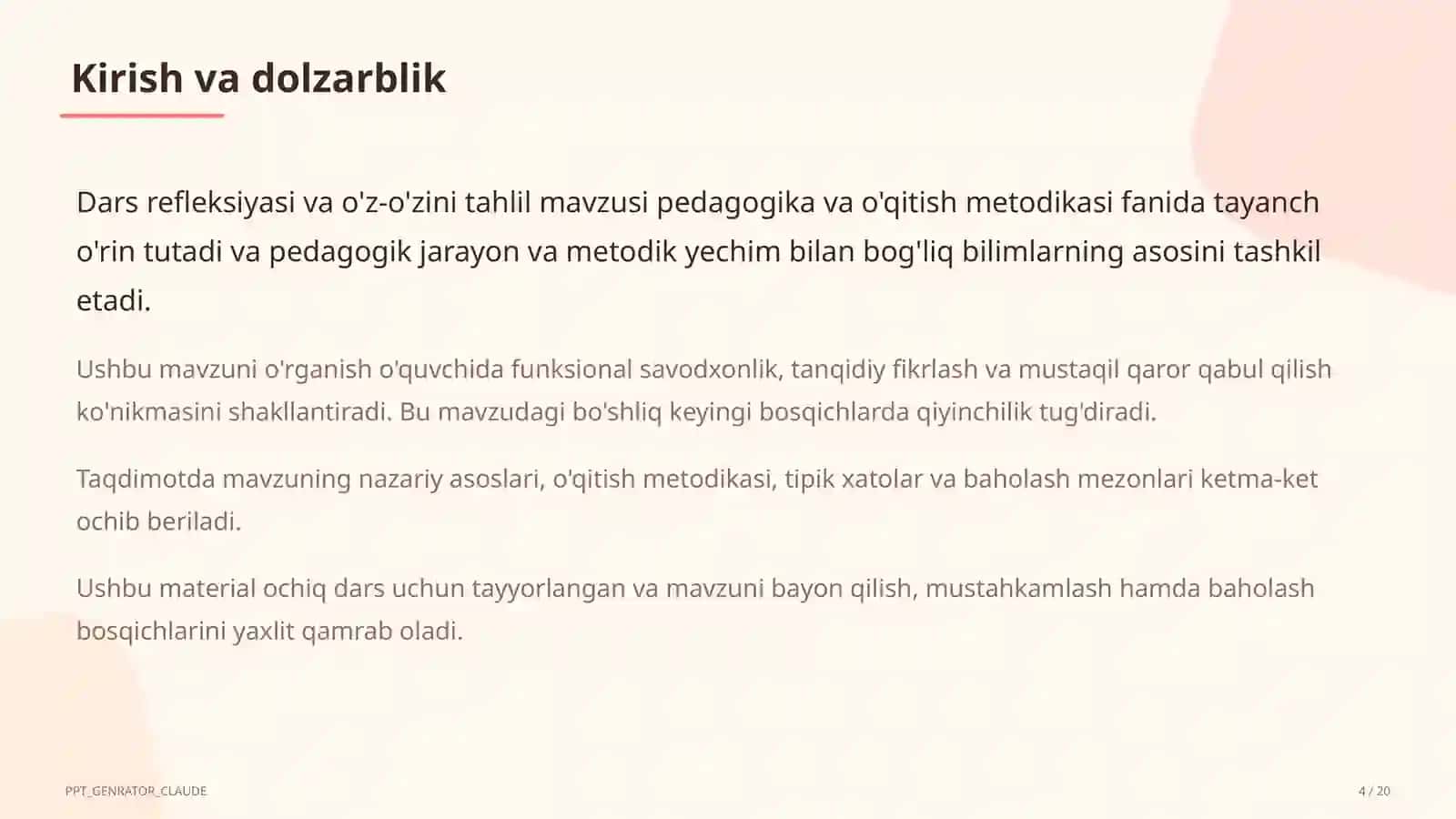 Dars refleksiyasi va o'z-o'zini tahlil 4