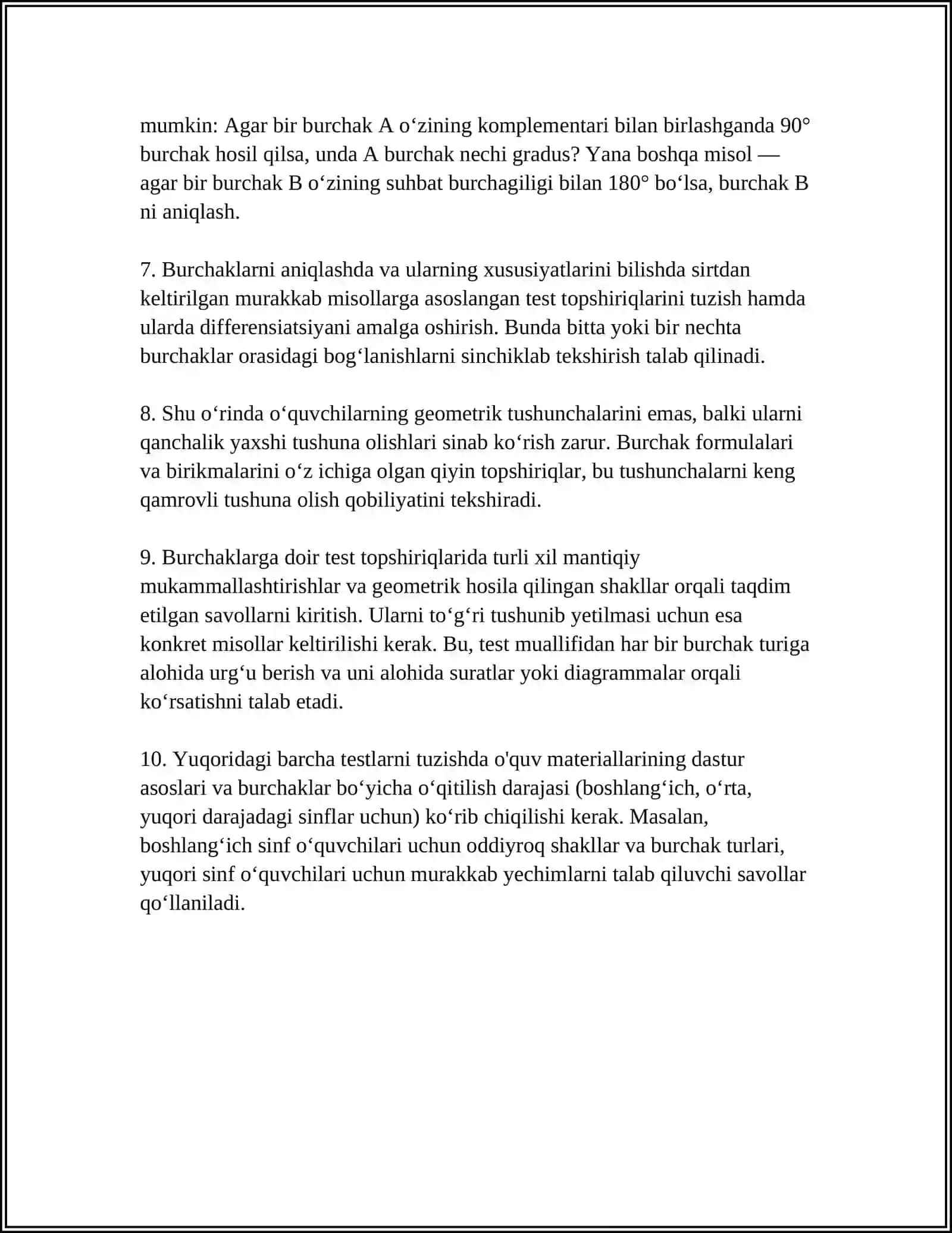 MAKTABDA O'RGANILADIGAN GEOMETRIK TUSHUNCHALAR BO'YICHA TEST TOPSHIRIQLARI TUZISH 4