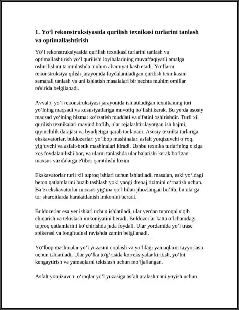Yoʻl rekonstruksiyasida qurilish texnikasi tanlash va optimallashtirish 4