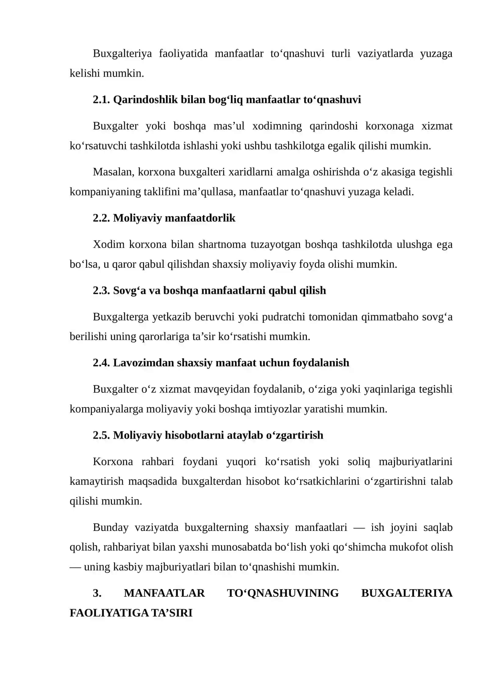BUXGALTERIYA FAOLIYATIDA MANFAATLAR TO‘QNASHUVI BO‘YICHA KEYS ISHLAB CHIQISH 4