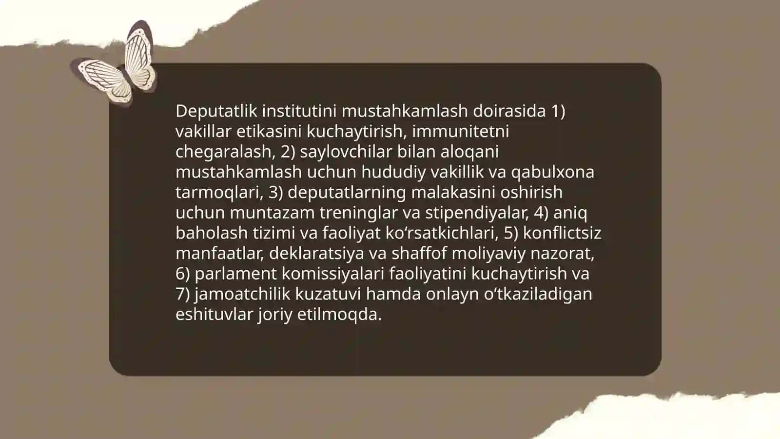 O'zbekistonda parlament tizimi va undagi islohatlar.Huquq-tartibot organlari va sud tizimidagi 4