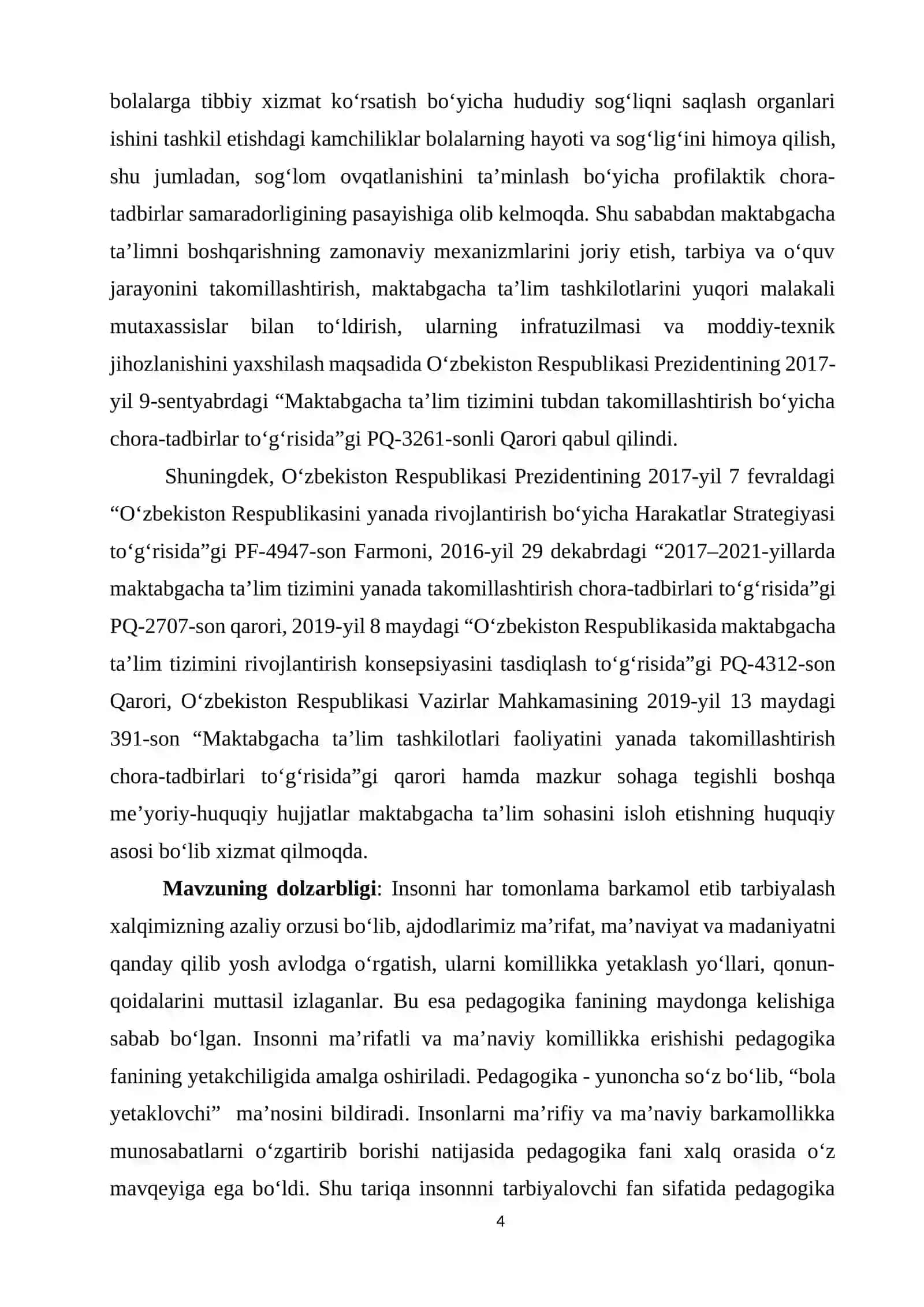 O‘zbekiston Respublikasi ilk va maktabgacha bolalar rivojlanishiga qo‘yilgan davlat talablarining maqsad, vazifa va asosiy tamoyillari 4