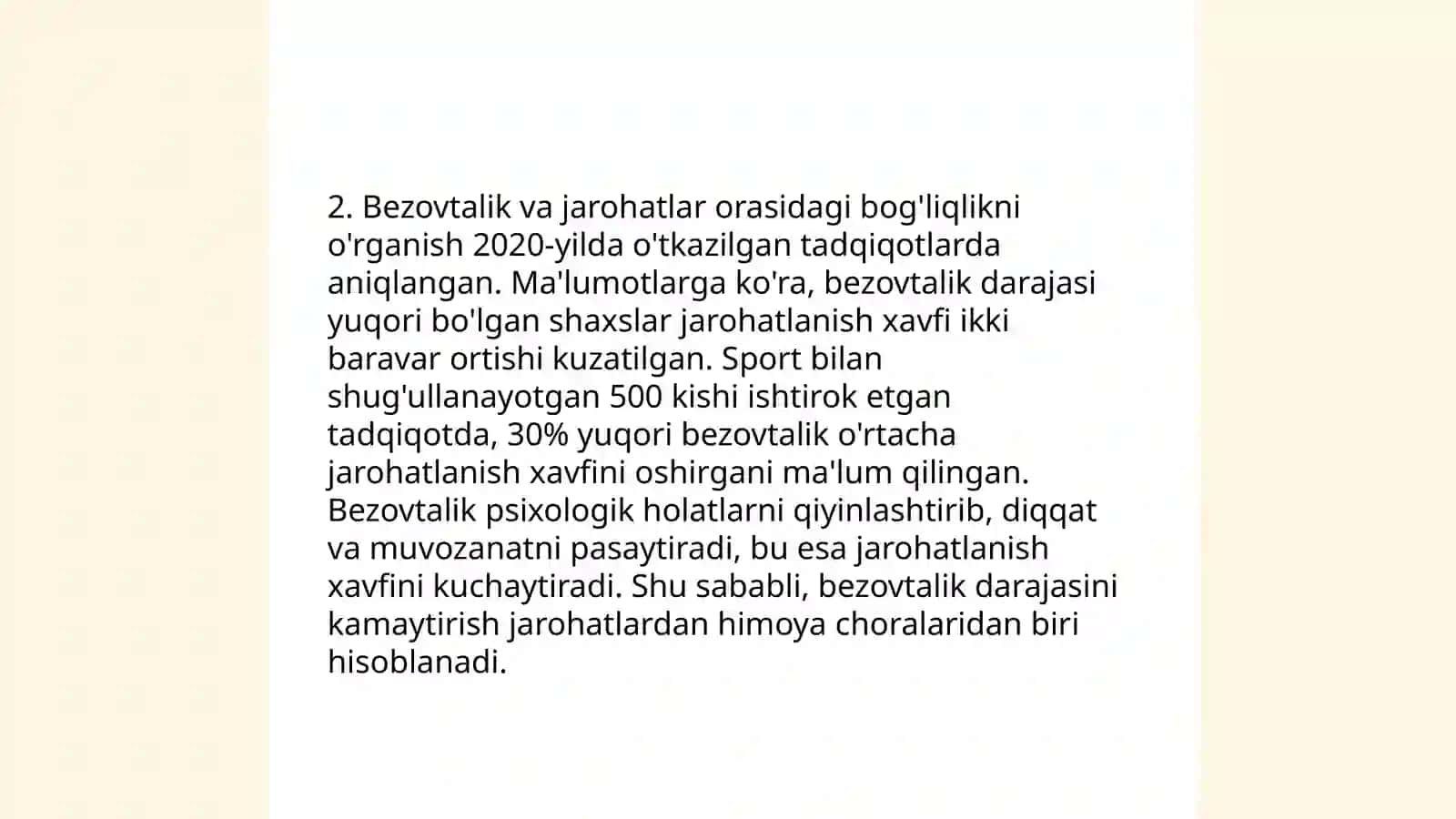 Bezovtalik Tushunchasi.Jarohatdan keyingi stresli holatda bezotalanish bilan bog'liq kechinmalar bilan ishlash 4