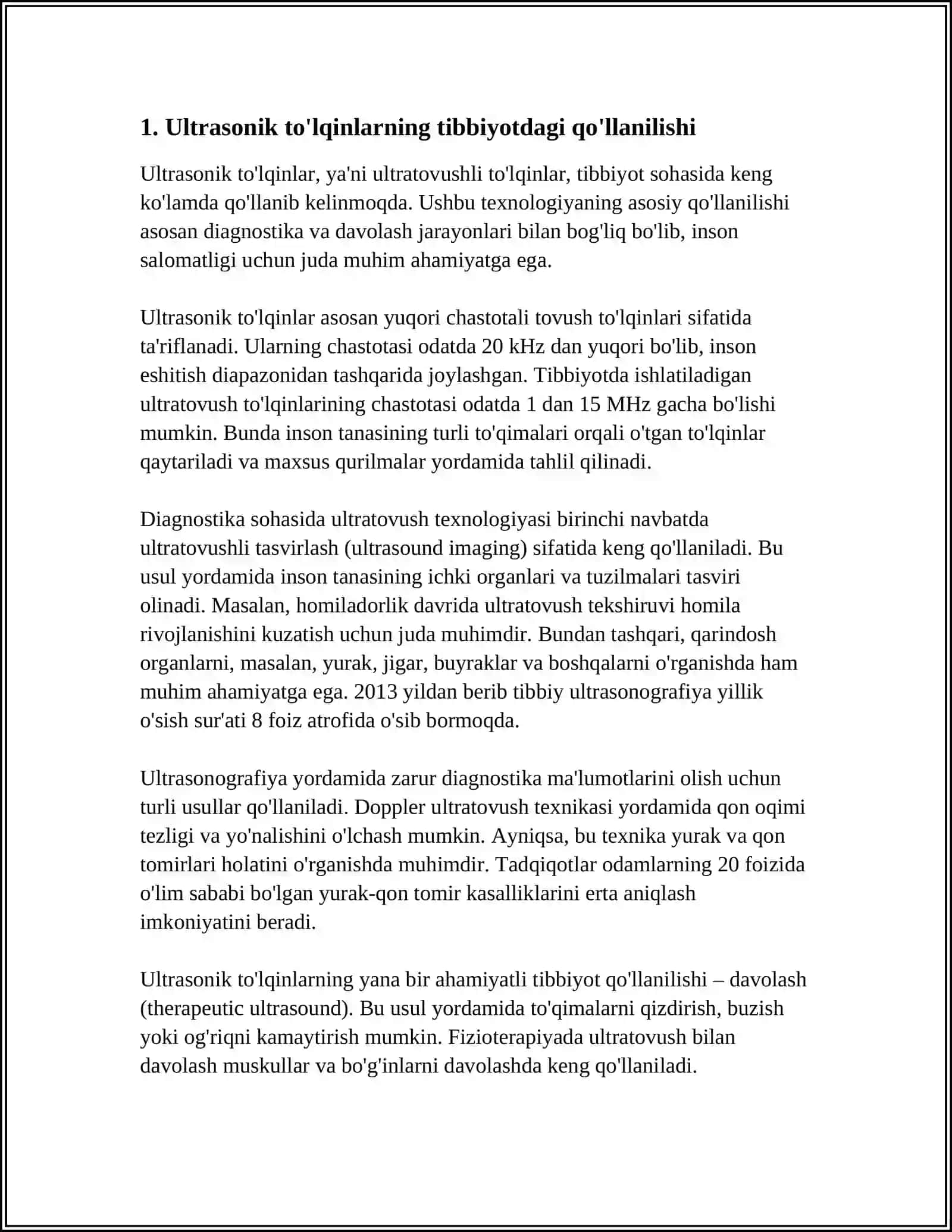 ULTRATOVUSH VA UNING TIBBIYOTDAGI YOʻNALISHI. AKUSTIKA. TOʻLQIN QARSHILIK.TOVUSH VA TOʻLQINNING QAYTISHI.REVERBERATSIYA. ESHITISH SISTEMASI FIZIKASI. INFRATOVUSH.VIBRATSIYALAR 4