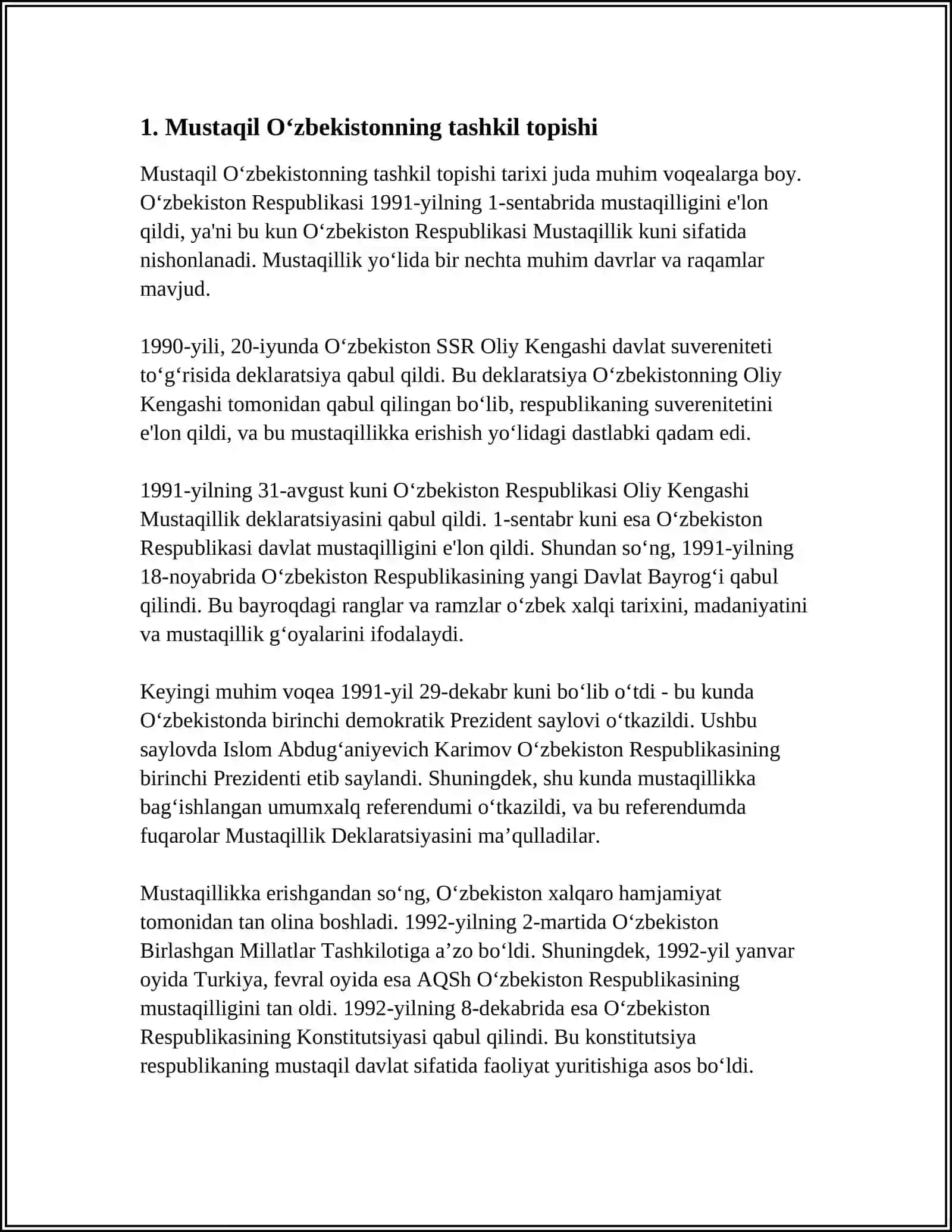 MUSTAQIL OZBEKISTON RESPUBLIKASI TASHKIL TOPISHINING TARIXIY AHAMIYATI 4