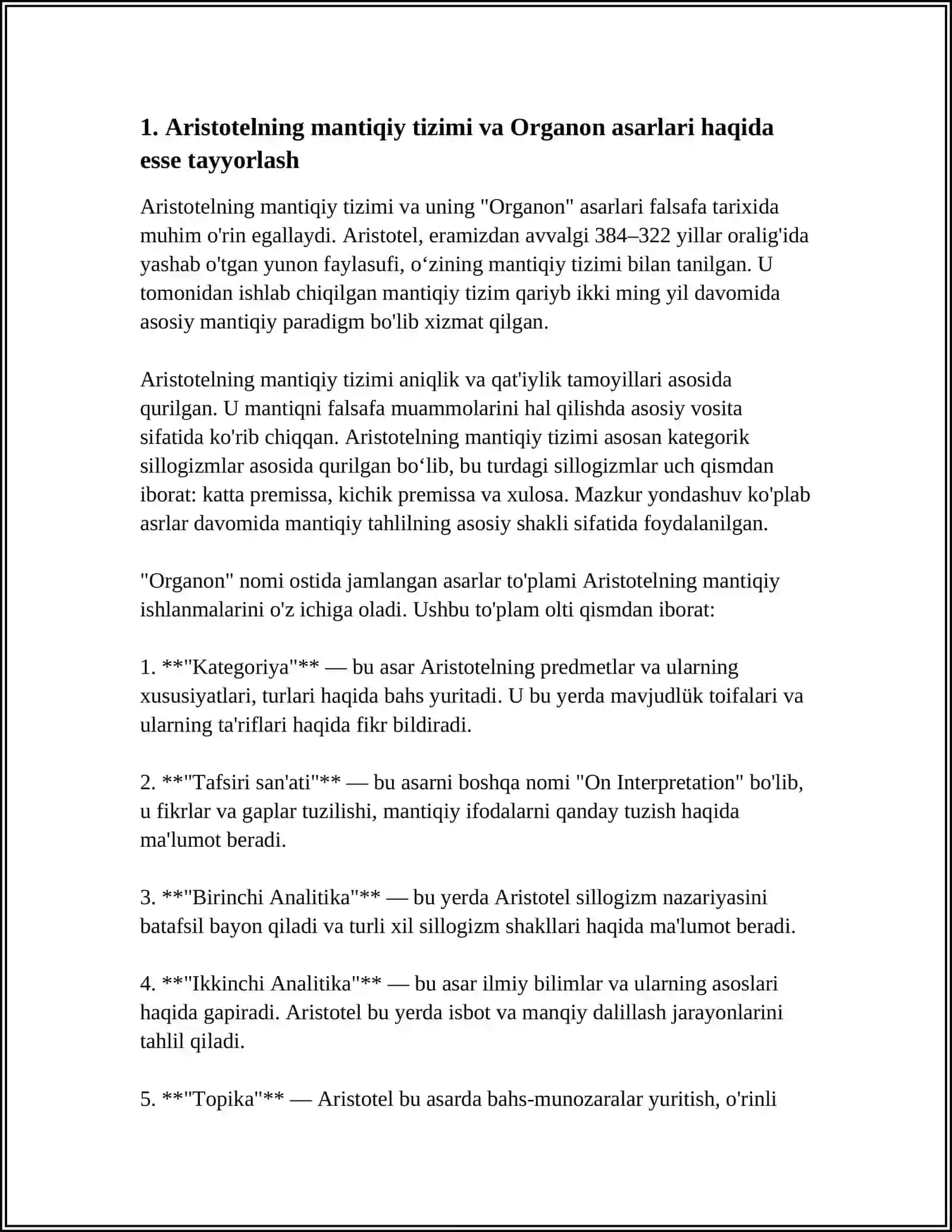 ARISTOTELNING MANTIQIY QARASHLARI TOʻGʻRISIDA ESSE TAYORLASH 4