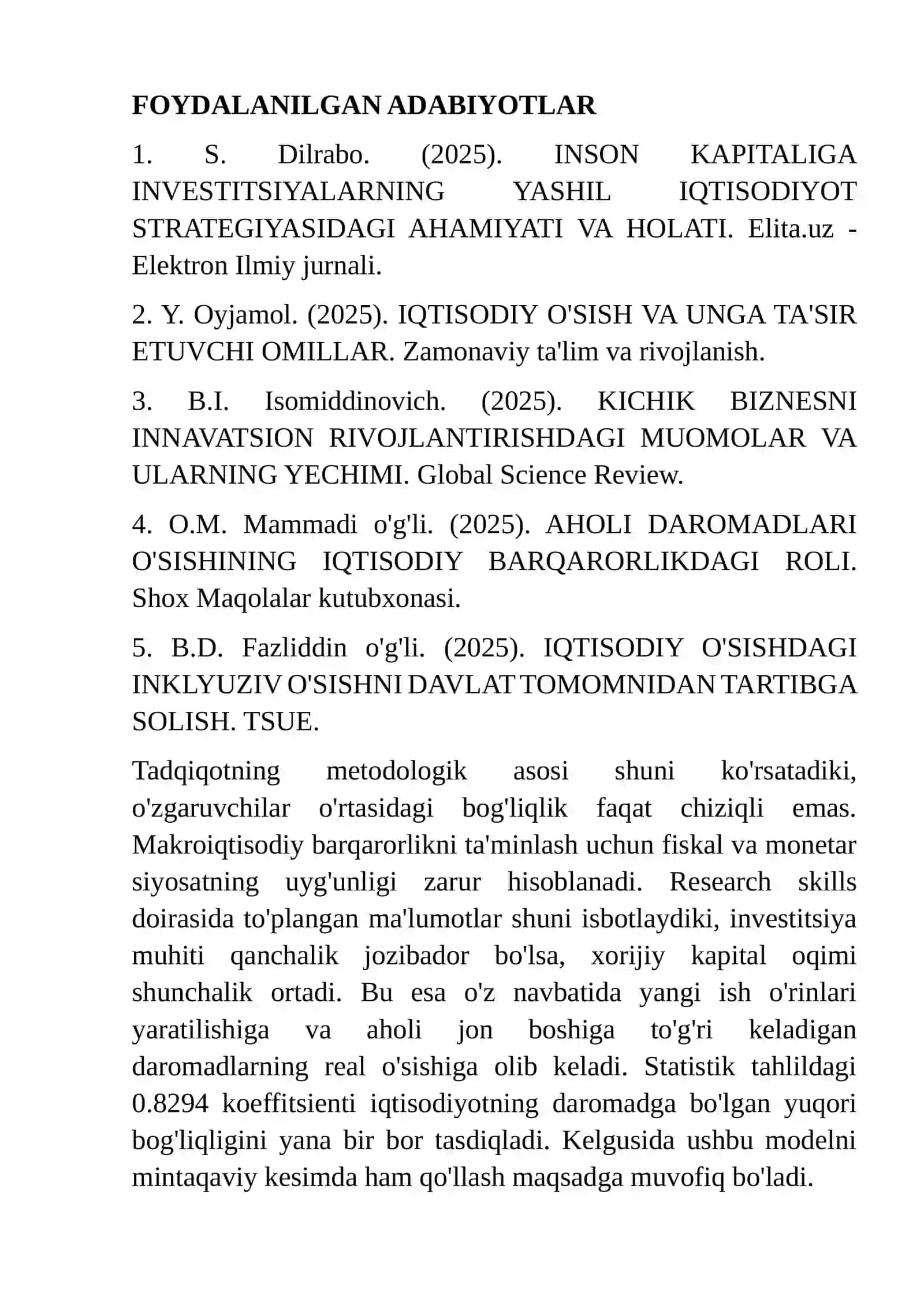 IQTISODIY O‘SISHGA INVESTITSIYA VA DAROMAD OMILLARINING TA’SIRI: RESEARCH SKILLS ASOSIDAGI TAHLILIY TADQIQOT 4