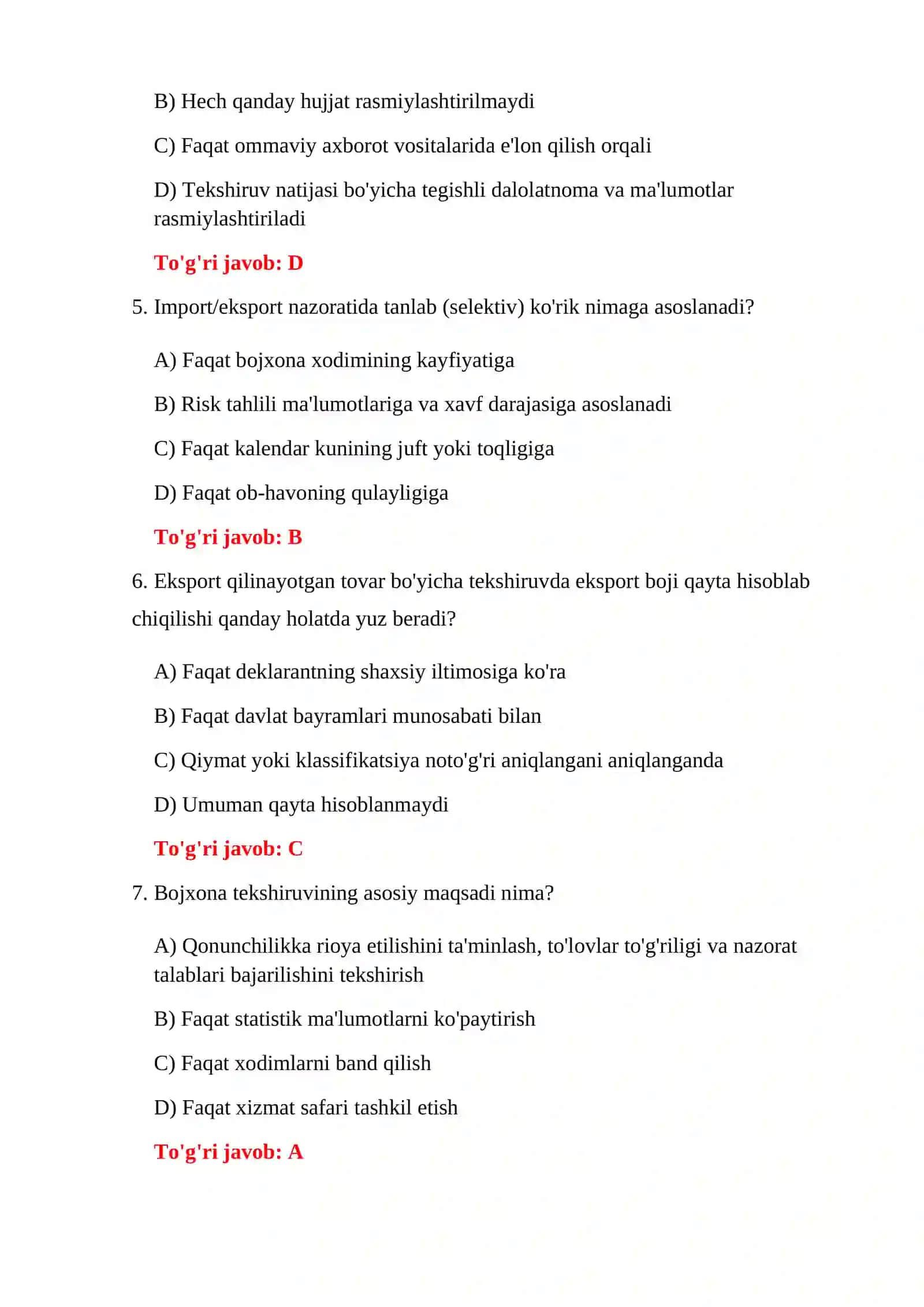 IMPORT BOJXONA BOJLARI TESTLARI 4