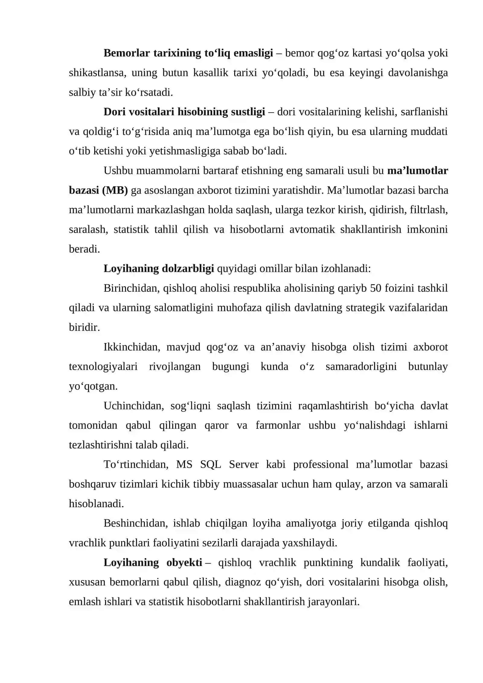Qishloq vrachlik punkti ma’lumotlar bazasini loyihalash va ishlab chiqish 4