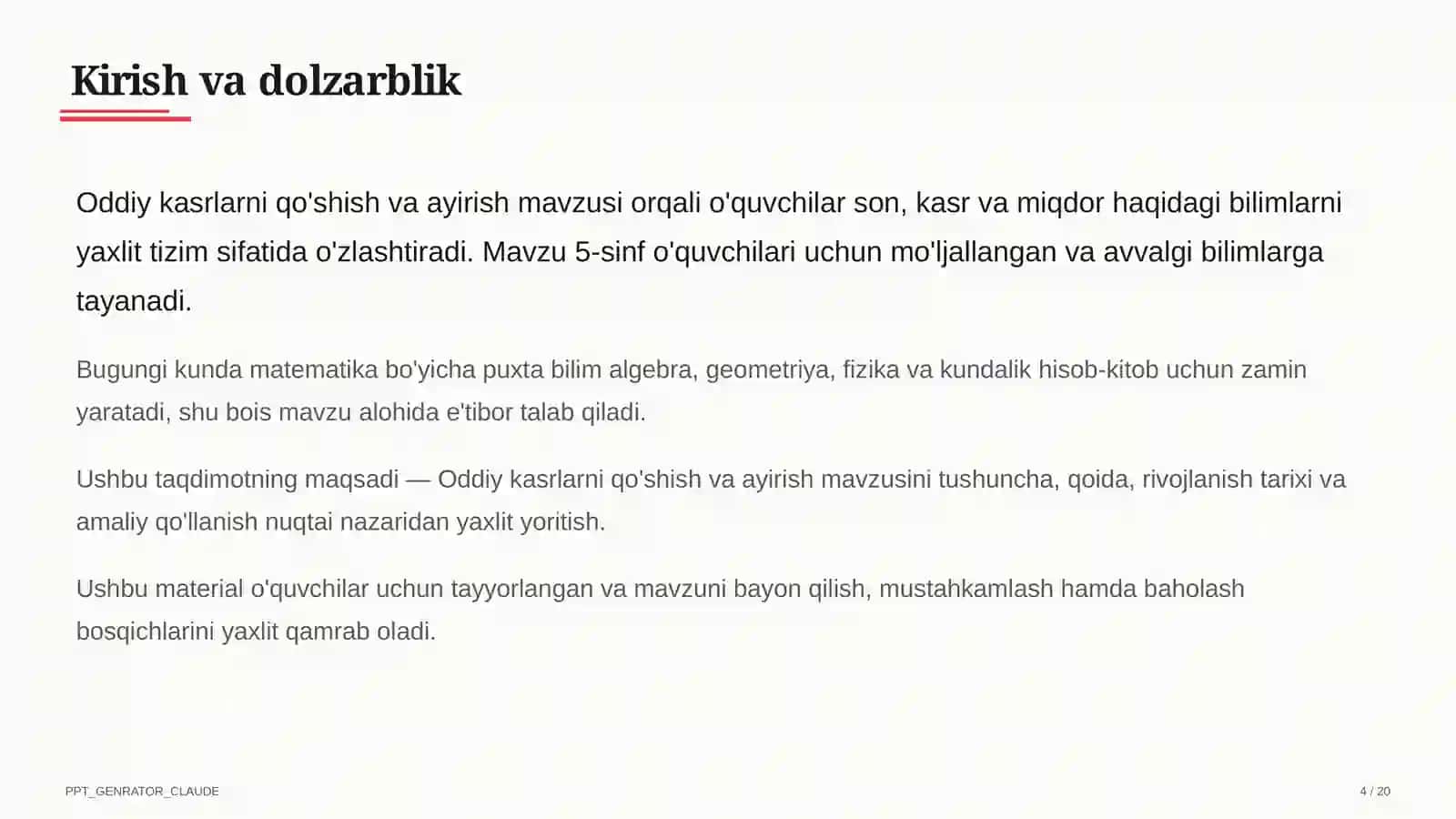Oddiy kasrlarni qo'shish va ayirish (5-sinf) 4