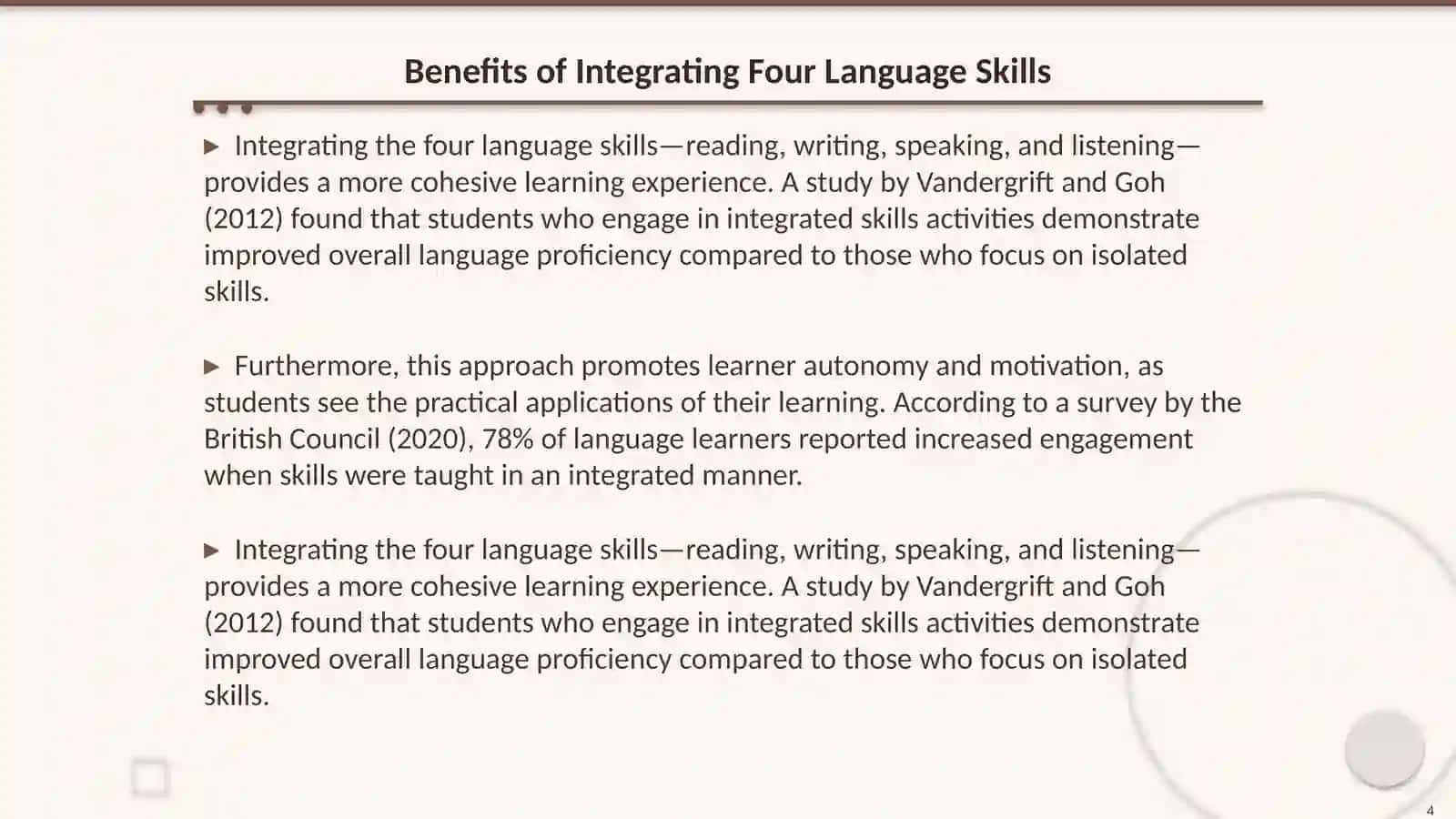 Integrated Skills Teaching: Balancing the Four Skills task ( reading,writing,speaking and listening) 4