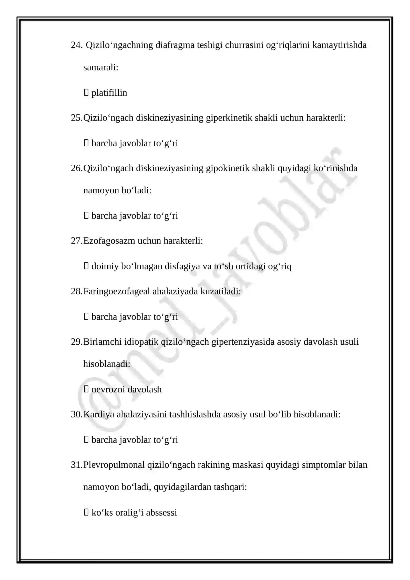 Gastroenterologiya mutaxassisligi boʻyicha shakllantirilgan test savol javoblari 4