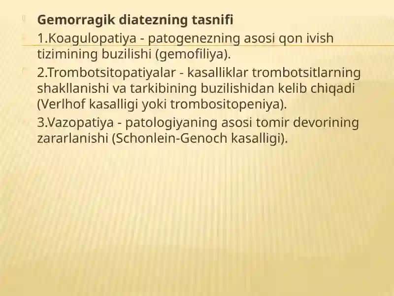 Gemorragik sindrom. Massiv qon yo’qotish. Gomologik qon, DVS sindromi klinikasi, diagnostikasi. Tez tibbiy yordam ko’rsatish usullari. UASH taktikasi 4
