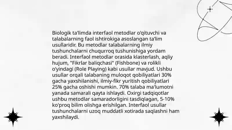 Biologik ta'lim mazmuni, metodlari, vositalari va shakllarining uygʻunligi 4