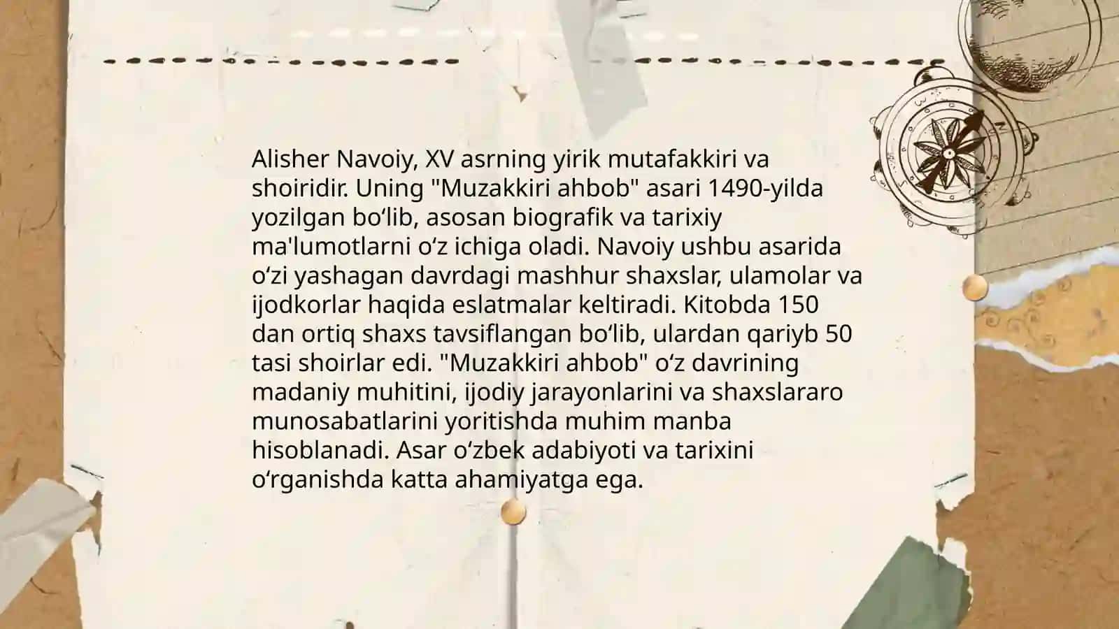 "Muzakkiri ahbob"dan XVI o'zbek adabiyoti va madaniyatiga oid ma'lumotlar annotatsiyasini tuzish 4