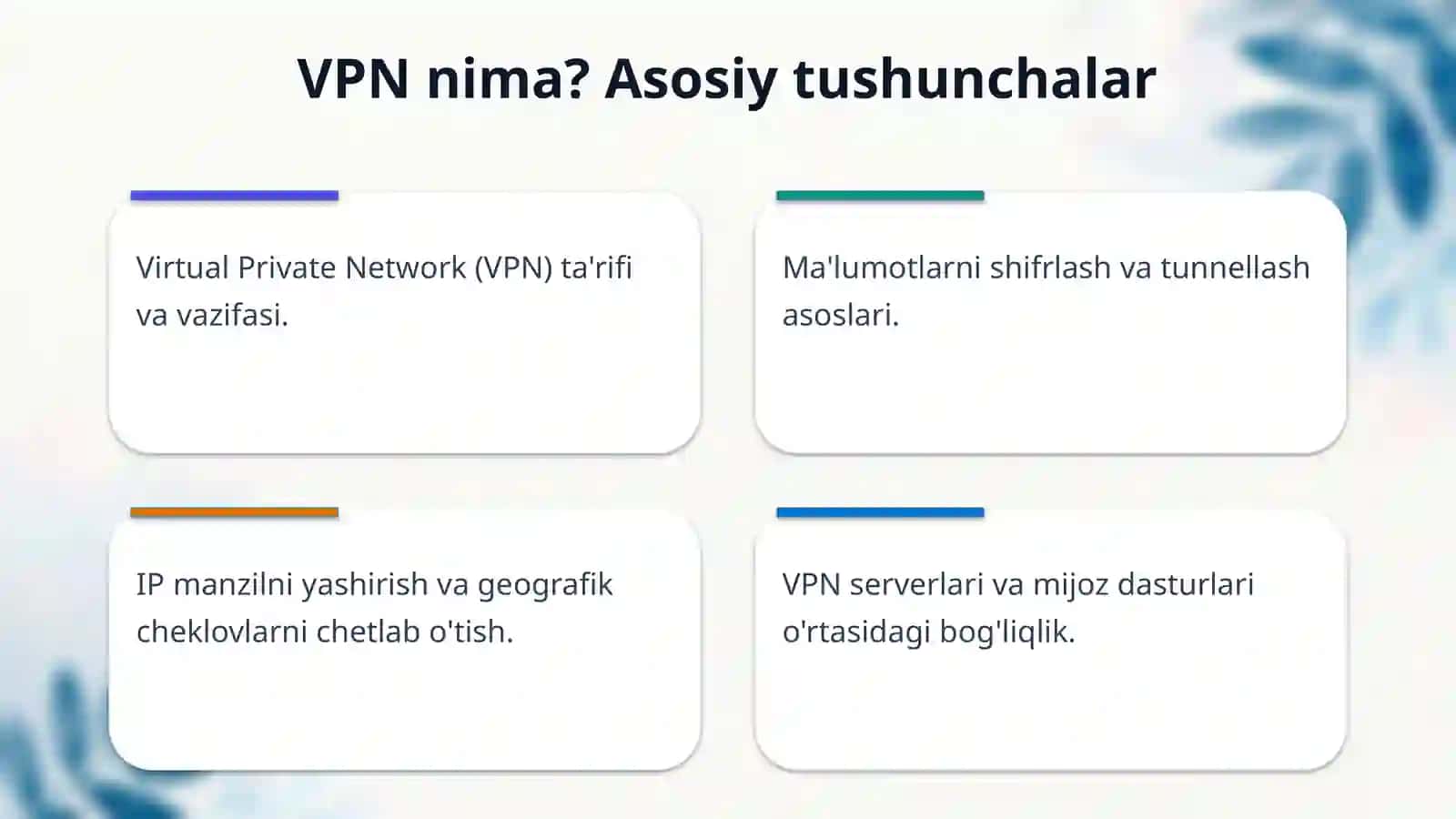 Virtual himoyalangan tarmoq va undan amaliyotda foydalanish (masalan, CyberGhost yoki ExpressVPN misolida). 4