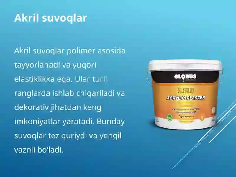 Mineralli sementli va akril suvoqlarning xossalari 4