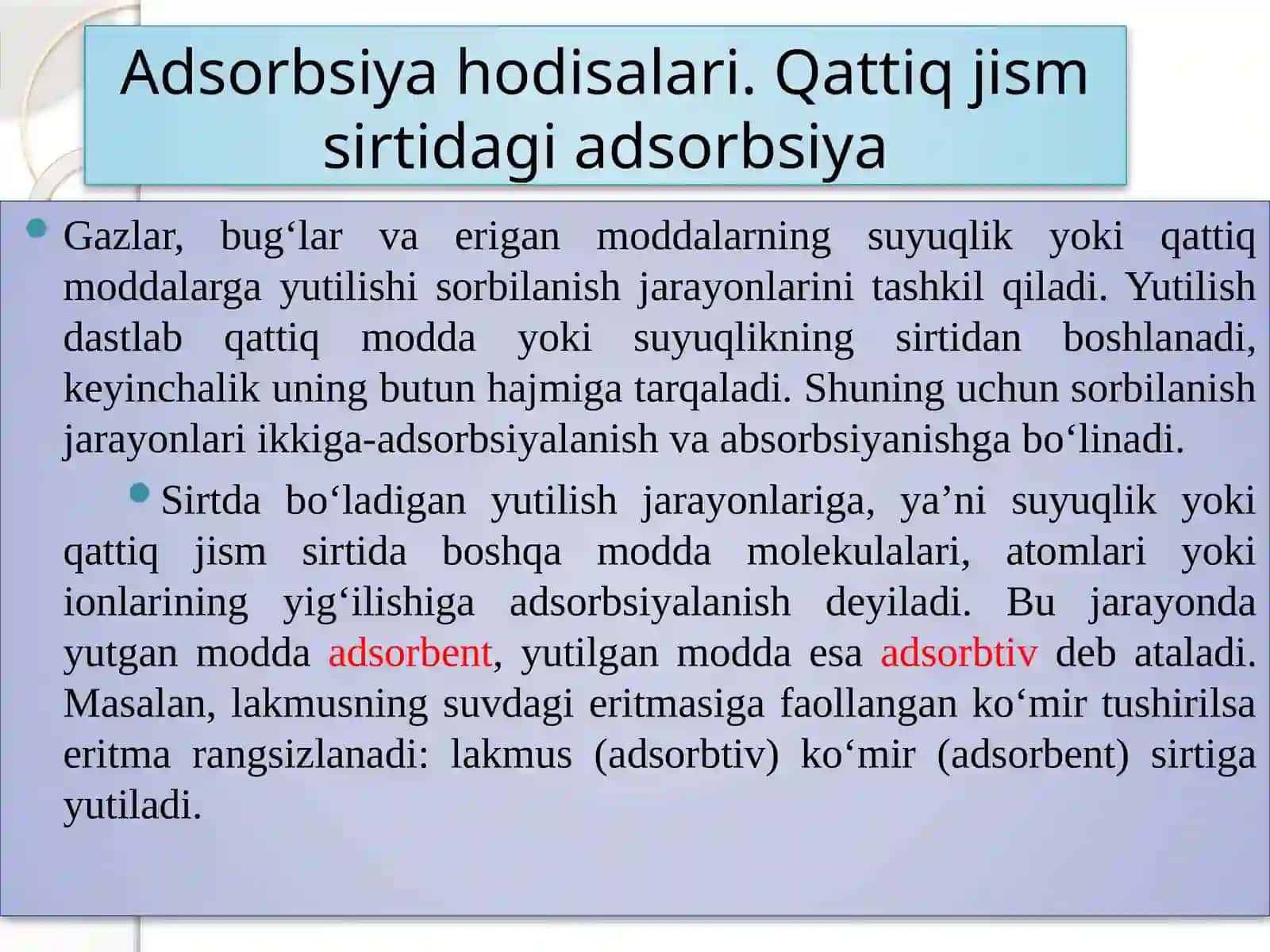 Sathdagi hodisalar. Qattiq jism sathidagi adsorbsiya. Lengmyur, Polyani, Frendlihtenglamalari 4