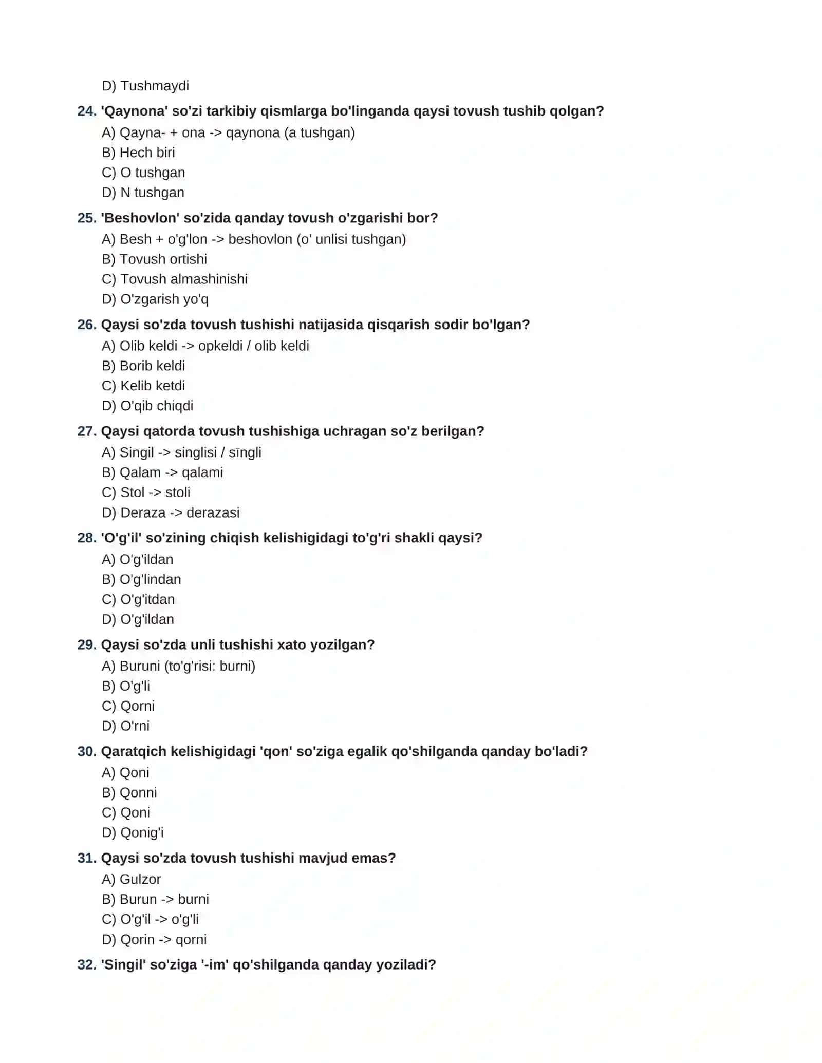 ONA TILI VA ADABIYOT  TOVUSH O'ZGARISHLARI: TUSHISH, ORTISH VA ALMASHINISH 100  TA TEST JAVOBLARI BILAN 4