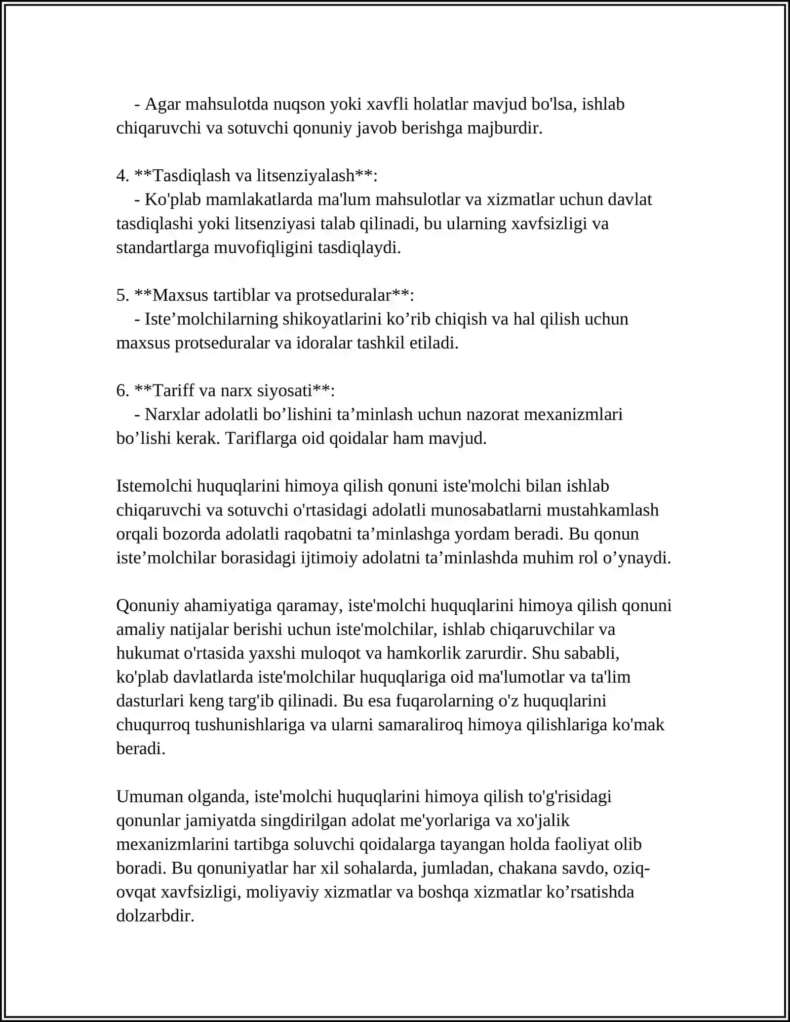 MUSTAQIL ISH Mavzu: ISTEʼMOLCHILA HUQUQLARINI HIMOYA QILISH TOʻGʻRISIDAGI QONUN VA UNING AHAMIYATI 4