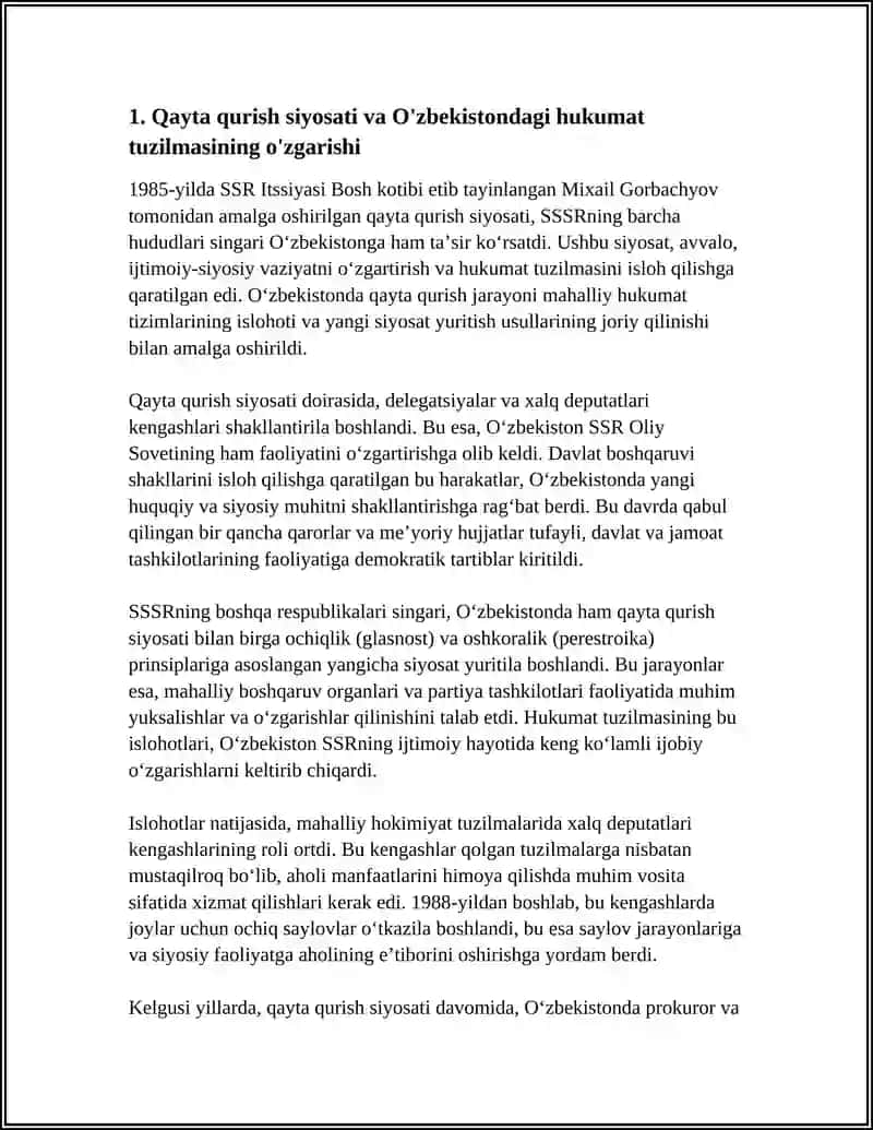 Mavzu: "QAYTA QURISH "YILLARIDA O'ZBEKISTONDAGI IJTIMOIY-SIYOSIY VAZIYAT 4