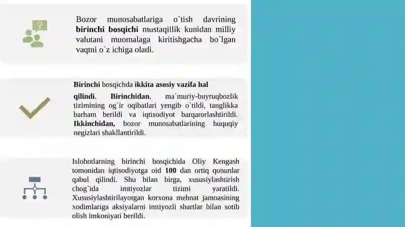 Iqtisodiy islohotlar, uning bosqichlari.O`zbekistonda bozor munosabatlarining rivojlanishi 4
