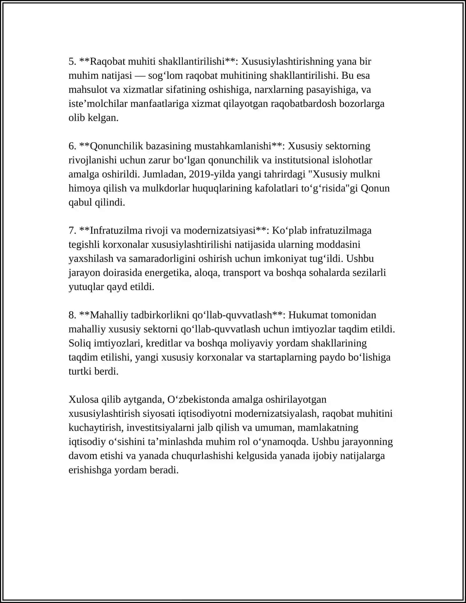 O'ZBEKISTONDA XUSUSIYLASHTIRISH BO'YICHA NORMATIV HUJJATLARNING SWOT TAHLILI 4