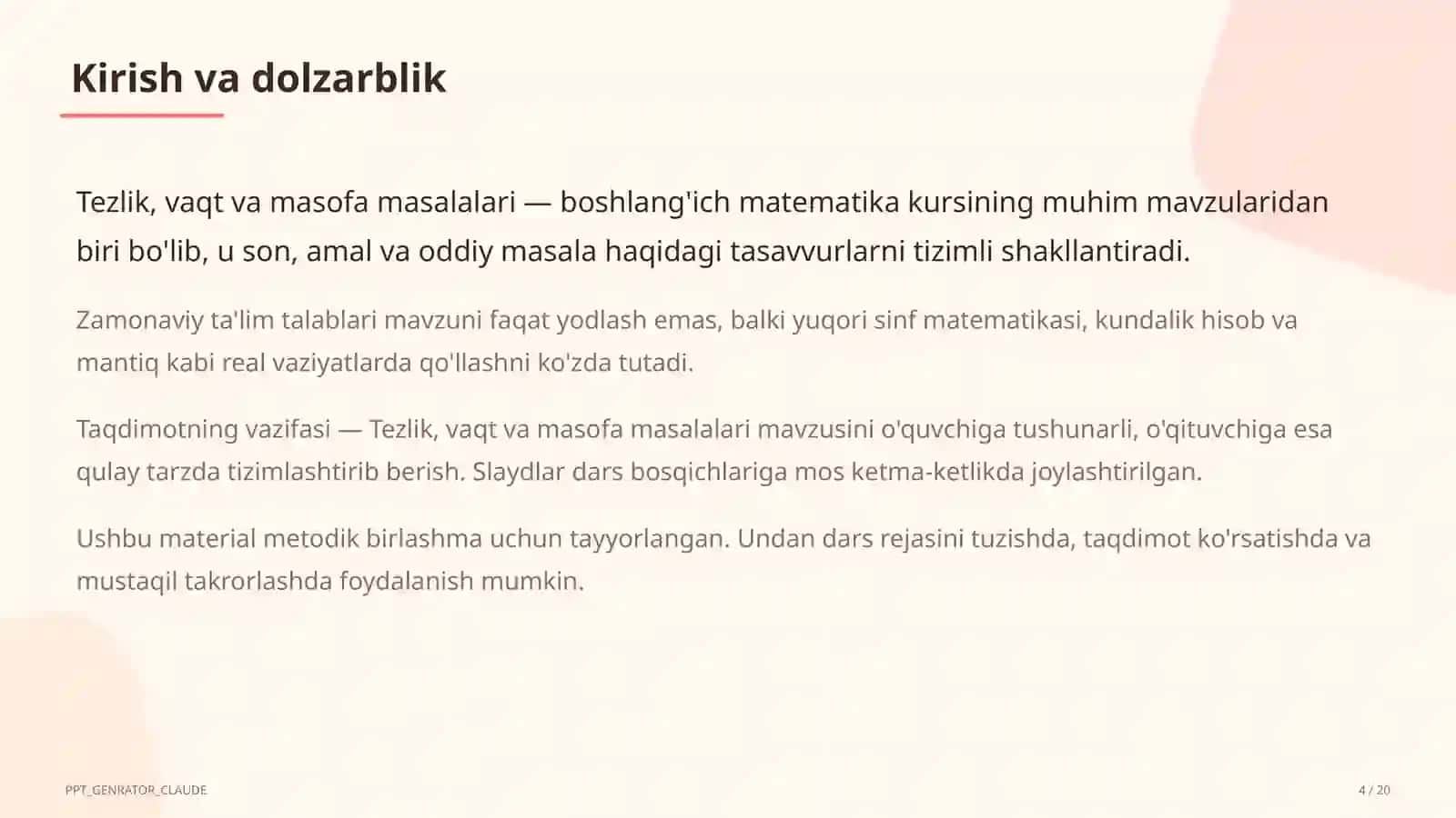Tezlik, vaqt va masofa masalalari (4-sinf) 4