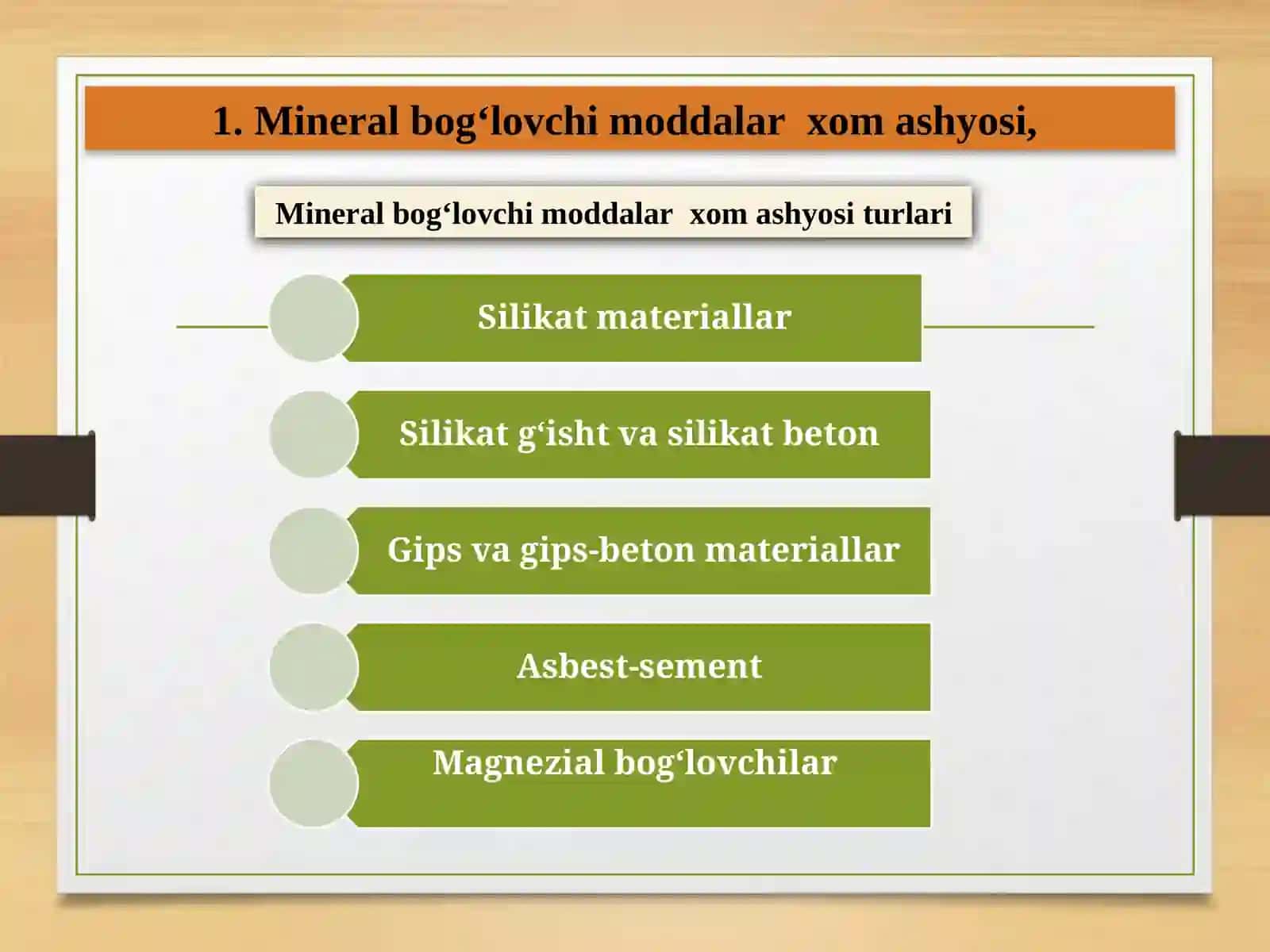 3-MA’RUZA: Mineral bog‘lovchi moddalar, sinflanishi, xavoda qotadigan bog‘lovchi- qurilish oxagi, gipsli boglovchilar, xom ashyosi, ishlab chiqarish texnologiyasi, xossalari 4