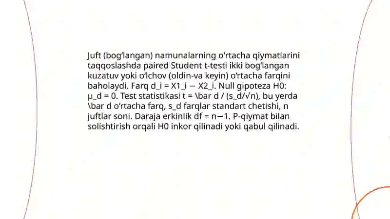 Ikki koʻplikni taqqoslash. Student va fisher mezonlari. Noparametrik metodlar 4