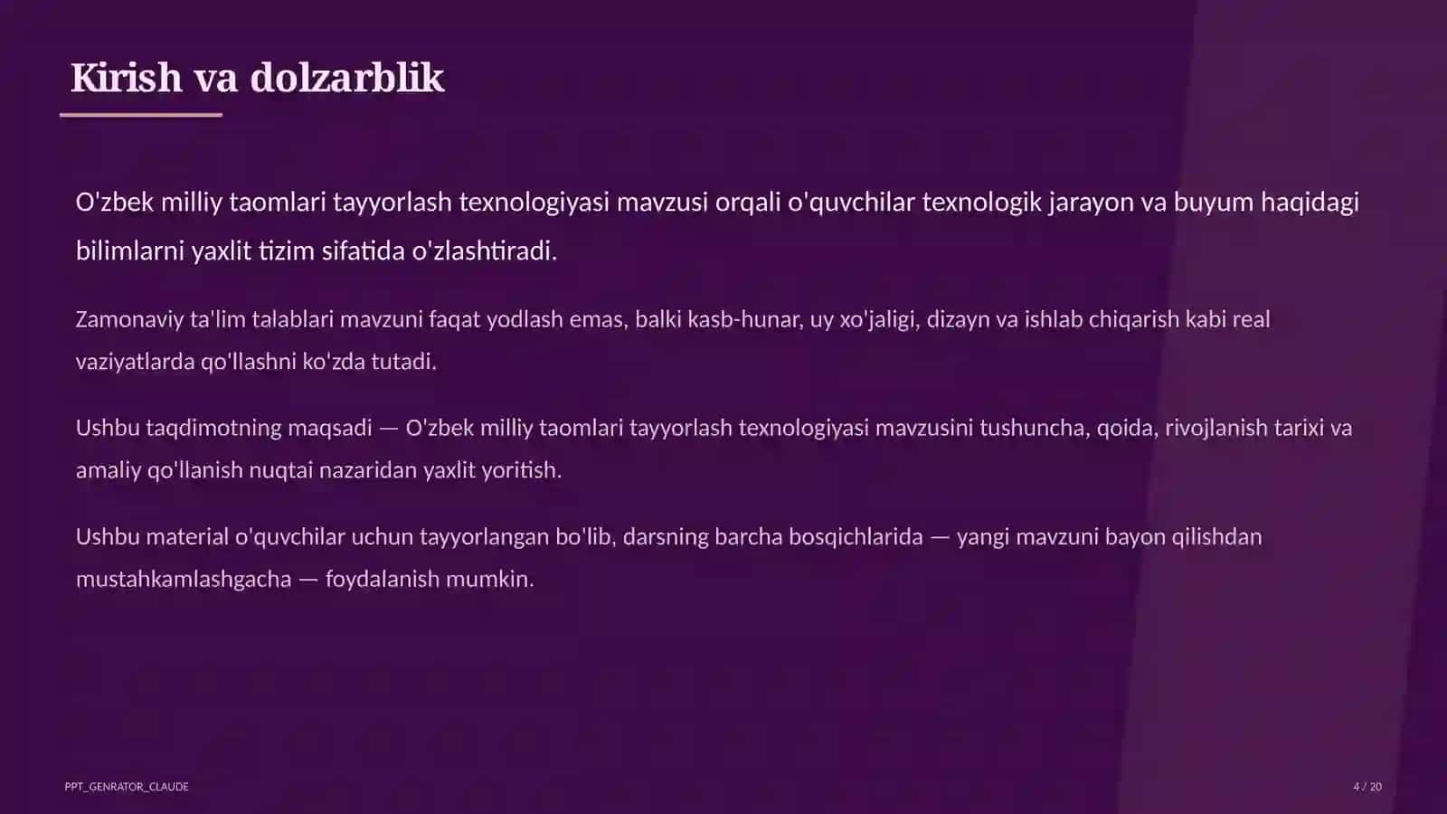 O'zbek milliy taomlari tayyorlash texnologiyasi (6-sinf) 4
